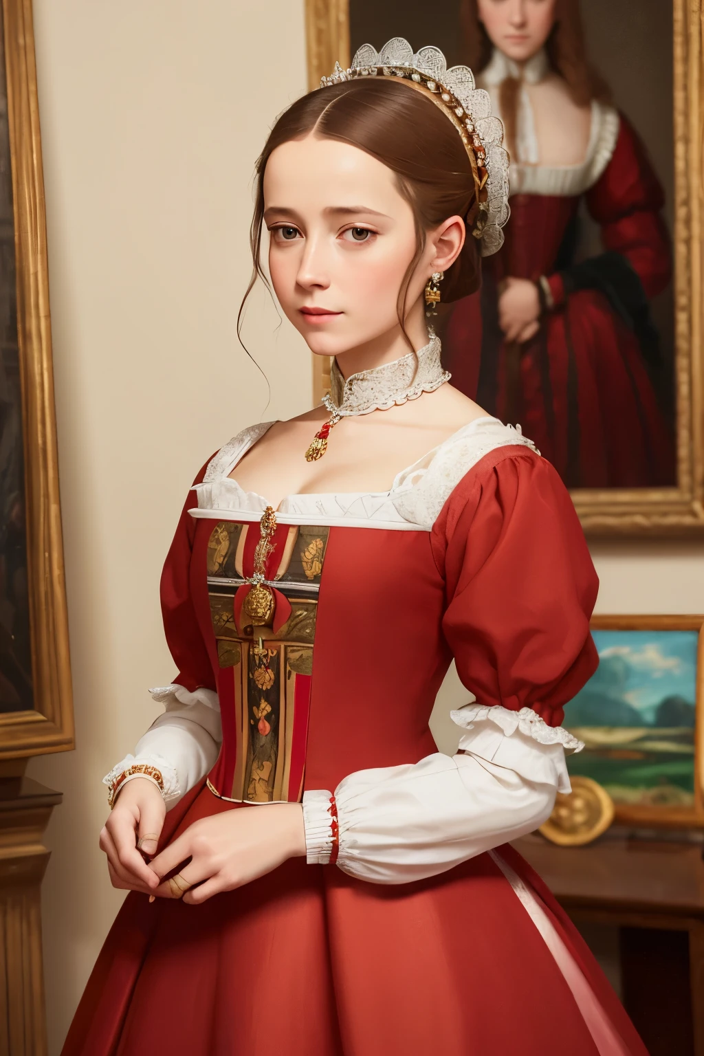 painting of a woman in a red dress with a white collar, portrait of a queen, 1 7 th century duchess, as an elegant noblewoman, inspired by Sofonisba Anguissola, 1500s oil portrait, wearing elegant tudor clothes, by Sofonisba Anguissola, painted in 1530, inspired by Eleanor Vere Boyle