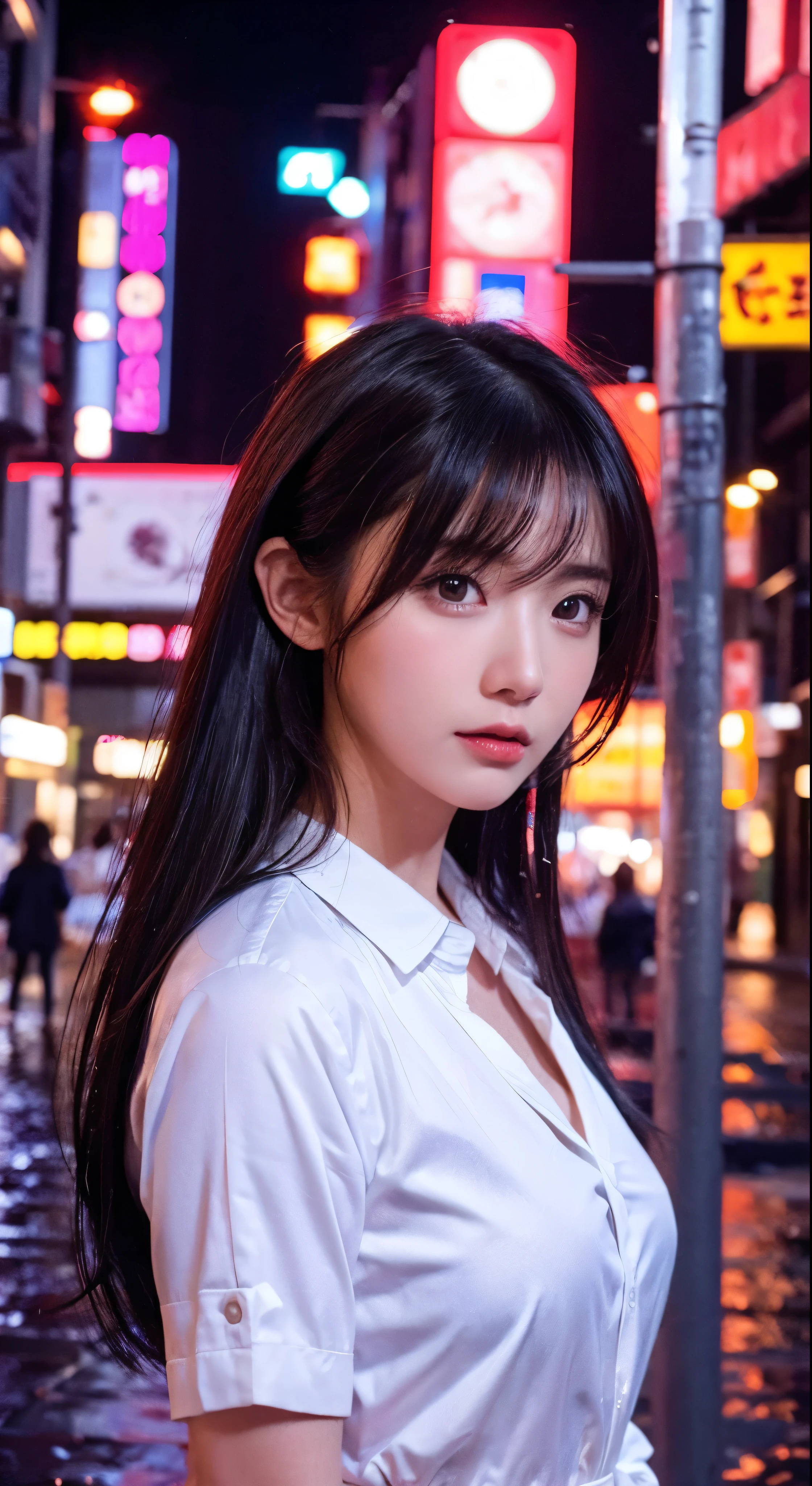 with high definition images，8k、RAW Photos、Highest quality、masterpiece:1.2)　(Realistic、Photorealistic:1.37)、Tokyo Streets、night、rain、Wet、Streetscape、night、Cyberpunk City、Soft Light、1 Girl、Very beautiful face、bust、Put your hands down、Random hairstyle、Random hair color、Random facial expressions、Red shirt and black skirt