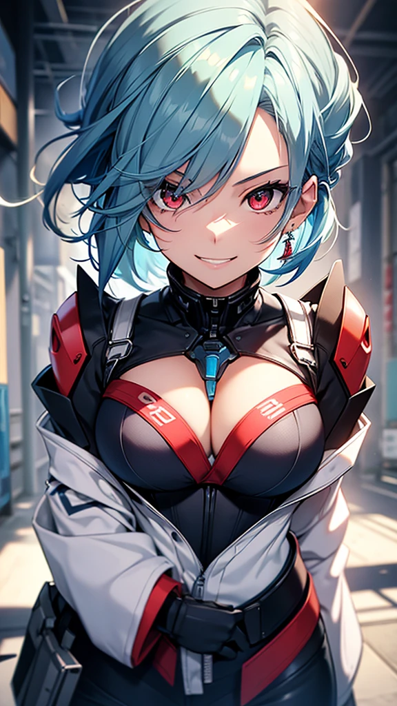 High resolution, One girl, chest,Simple Background, Blue Hair/Light blue hair, Cowboy Shot, 大きなchest, Red eyes, 大きなchest, Earrings, smile, smiling, 8k octane, High resolution, masterpiece, High detail, High-resolution model, high quality, Textured skin, 