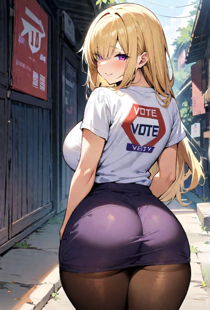 ((Best Quality)), ((masterpiece)), (detailed), 1 girl, Pastel yellow hair, Long hair, hair covers one eye, purple eyes, big breasts, big thighs, expression smiling shy, white voting t-shirt, purple skirt, brown pantyhose, looking at the viewer, view from behind, backward