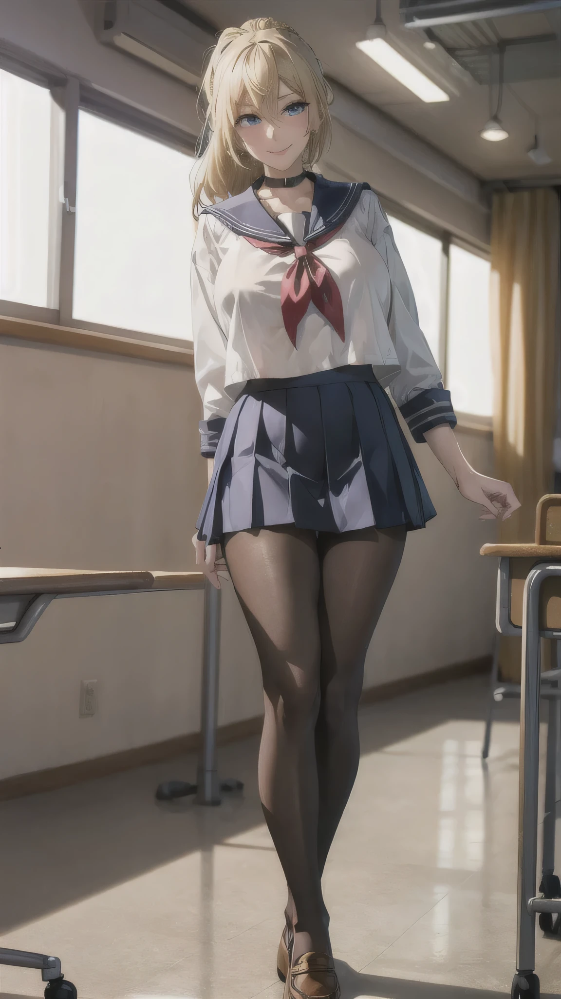 ((high school girl)),((school uniform)),((White blouse)),(((Pleated mini skirt))), ((A shy smile)),((Beautiful feet)),((Beautiful legs)),Ultra-high resolution, Mature Woman, Mature Woman, Very detailed, ((Big Breasts)), Perfect hands, Detailed fingers, Beautiful details, (((Sailor suit))),((Long blonde hair)),((ponytail)),Black choker, Earrings,loafers,(Black Pantyhose), (Black Stockings),Perfect Eyes, Seductive eyes, School classroom,Standing in front of the pulpit