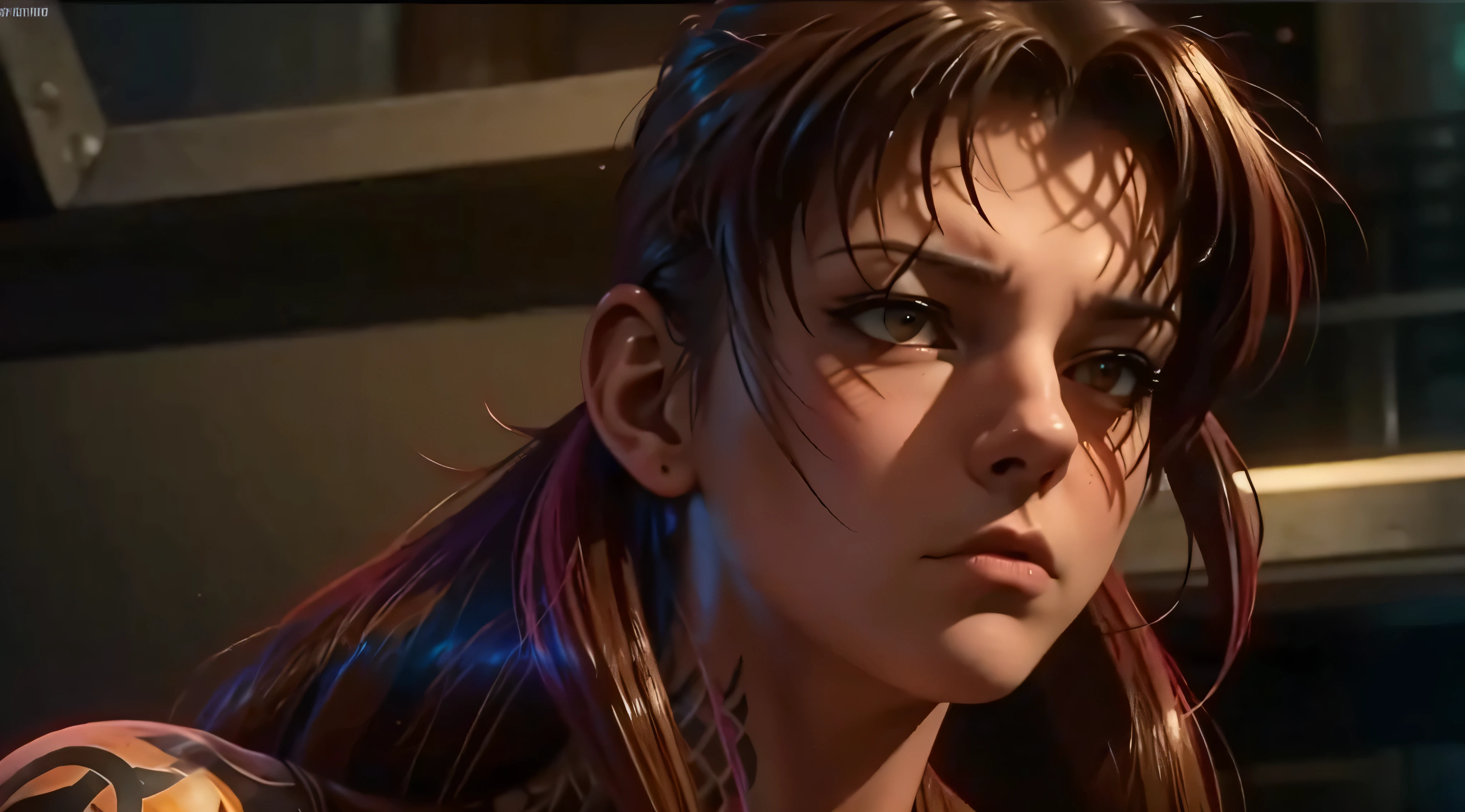 Revy from black lagoon, nude, neon lights, The artwork is rendered in an edgy and realistic style, with high attention to detail and sharp focus. The colors are vivid and contrasted, with a slight desaturation to create a moody atmosphere. shadowy highlights enhancing the overall composition. The medium used is a digital illustration, with a touch of photo-realistic elements to add depth and texture to the image. The final result is a masterpiece in ultra-high resolution,