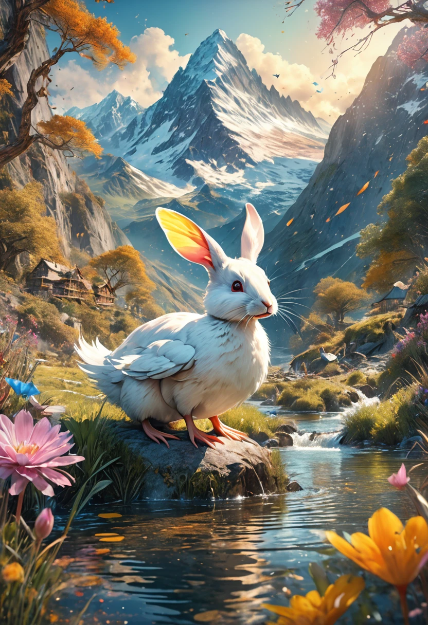 a surreal Wolpertinger, Hybrid creature made of duck, rabbit, and mouse, in front of a mountain landscape, (best quality,4K,8k,highres,​masterpiece:1.2),Ultra-detail,(Realists,photoRealists,photo-Realists:1.37),elaborate details,cinematic lighting. The Fantasy,Digital Drawing,surreal,Very detailed,Film composition,keen focus,photoRealists,hyperRealists,mystical,Ethereal,fantastic,colorful,exhilarated,noticeable,dream-like,conceptual,imaginatively close to perfection, dynamic, Very detailed, smooth, keen focus, 8k, High resolution, Illustration, Vector image, Kunst von Carne Griffiths und Wadim Kashin, Background watercolor