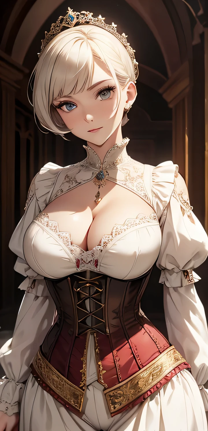 beautiful detailed 25 years old female, wearing Renaissance Dress: A historical-inspired outfit with elaborate embroidery, puffed sleeves, and a corset, beautiful face, shiny white skin, short hair, slender, ultra large saggy breasts, massive cleavage exposed, random pose