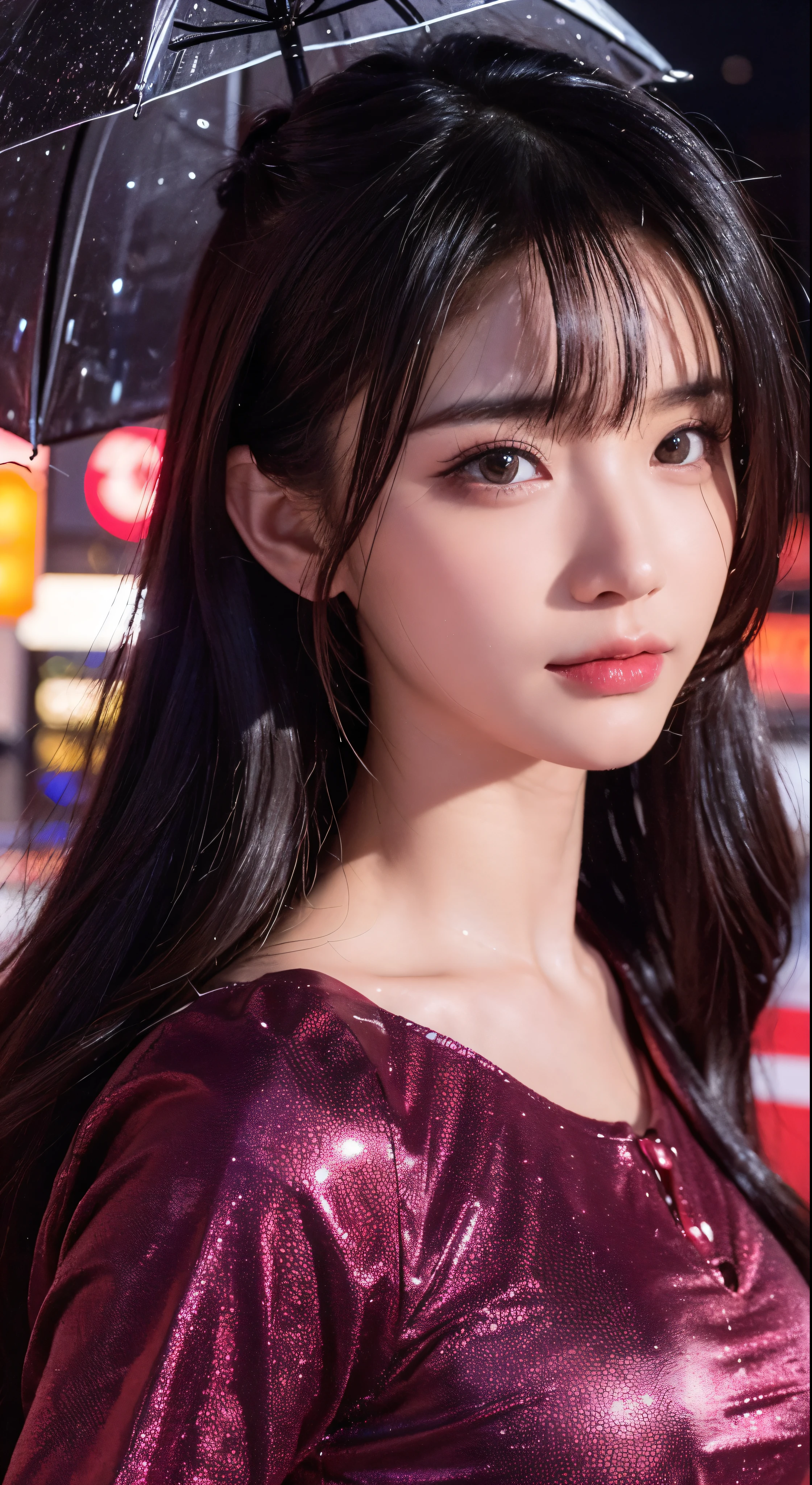 with high definition images，8k、RAW Photos、Highest quality、masterpiece:1.2)　(Realistic、Photorealistic:1.37)、Tokyo Streets、night、rain、Wet、Streetscape、night、Cyberpunk City、Soft Light、1 Girl、Very beautiful face、bust、Put your hands down、Random hairstyle、Random hair color、Facial details，Random facial expressions、Red shirt and black skirt，Full body high quality images