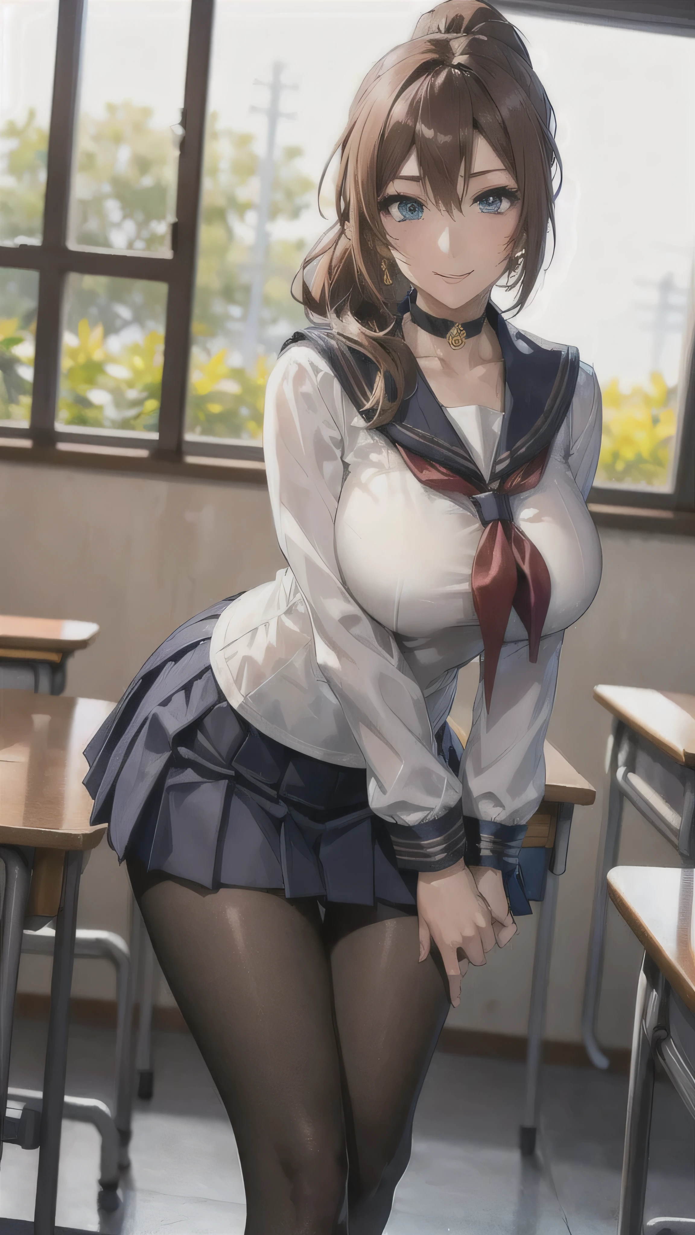 ((high school girl)),((school uniform)),((White blouse)),(((Pleated mini skirt))), ((A shy smile)),((Beautiful feet)),((Beautiful legs)),Ultra-high resolution, Mature Woman, Mature Woman, Very detailed, ((Big Breasts)), Perfect hands, Detailed fingers, Beautiful details, (((Sailor suit))),((Long Hair)),((ponytail)),Black choker, Earrings,loafers,(Black Pantyhose), (Black Stockings),Perfect Eyes, Seductive eyes, School classroom,Standing in front of the pulpit