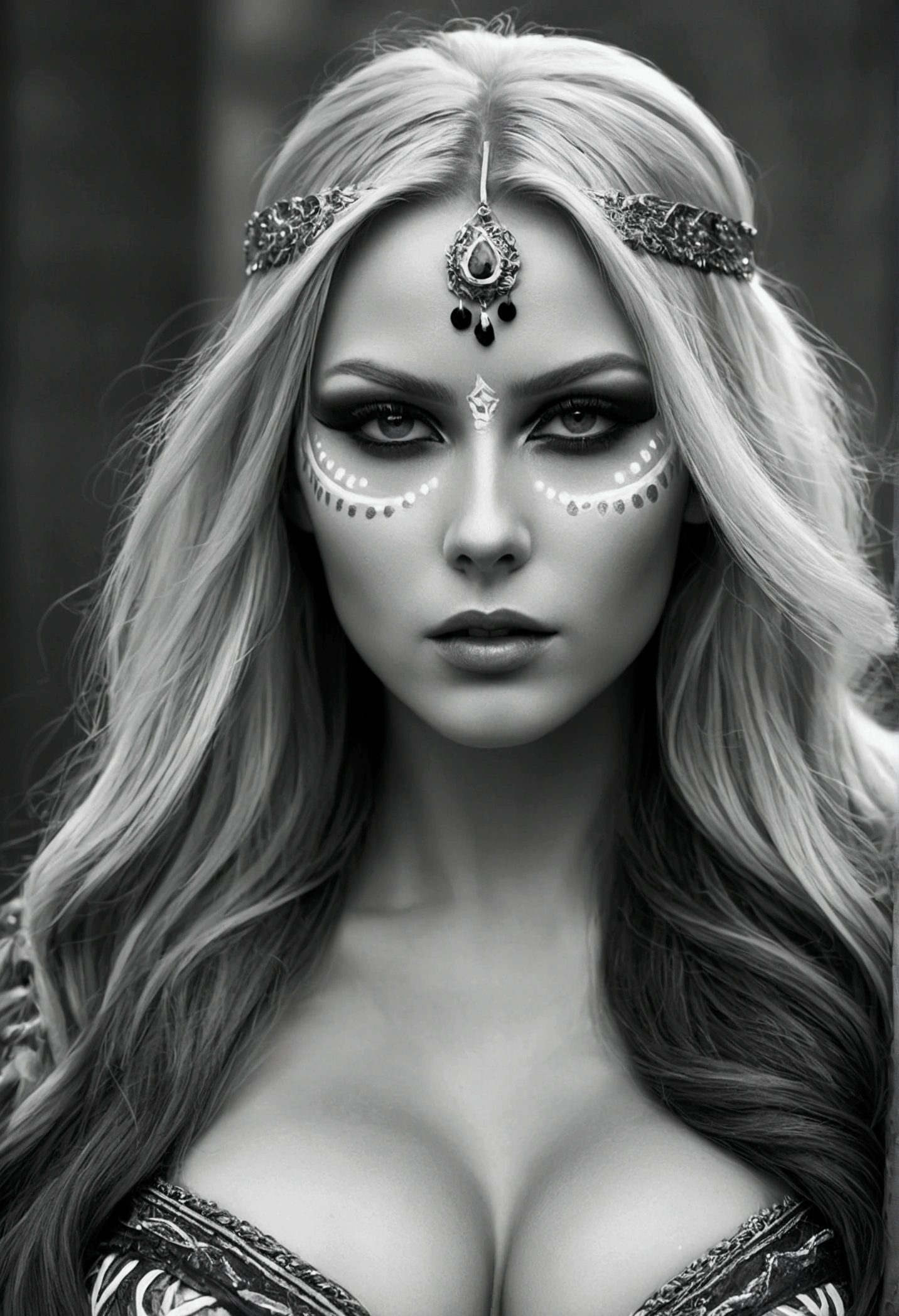 Create an image of a stunningly gorgeous beautiful sexy Scandinavian beauty, stunningly gorgeous beautiful perfect sexy face, large breast, slim waist, sexy hips, long dutch hair, fantasy clothes, makeup, war paint, black and white no color,