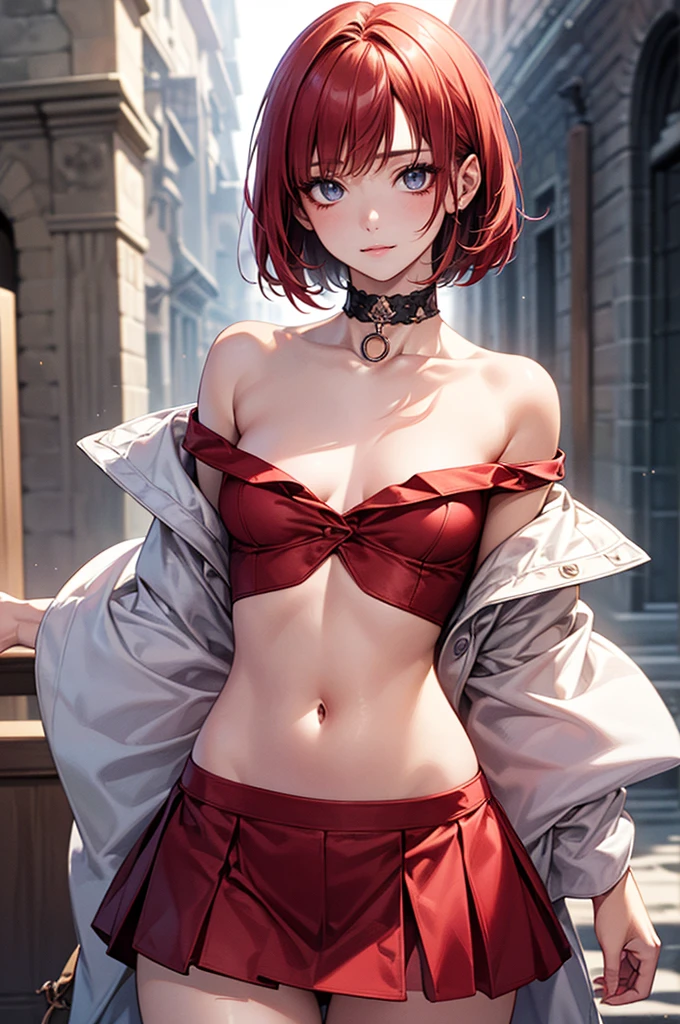 ((perfect anatomy:1.2,realistic,:1.3,RAW Photography:1.3,masterpiece、highest quality、Ultra - High resolution、High resolution、Highly detailed CG、8K)),nsfw,cowboy shot,1 female,alone,20-year-old,beauty of japan,beautiful detailed face and eyes,big and gorgeous eyes,gray eyes,(red hair,short bob hair,bangs), (slender body,small head:1.4, skinny、small breasts), glowing skin,oily skin,(fantasy clothing,off shoulder、navel、red micromini skirt,choker),fantasy,Fantasy cityscape、old church、old townscape、medieval europe、natural sunlight、