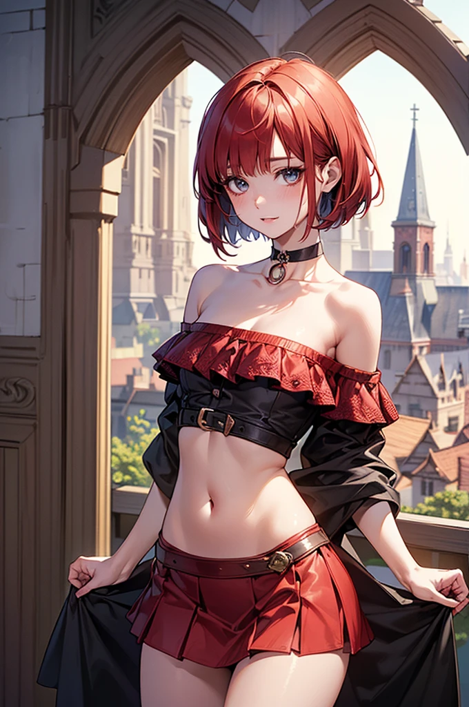 ((perfect ???????:1.2,realistic,:1.3,RAW Photography:1.3,masterpiece、highest quality、Ultra - High resolution、High resolution、Highly detailed CG、8K)),nsfw,cowboy shot,1 female,alone,20-year-old,beauty of japan,beautiful detailed face and eyes,big and gorgeous eyes,gray eyes,(red hair,short bob hair,bangs), (slender body,small head:1.4, skinny、small breasts), glowing skin,oily skin,(fantasy clothing,off shoulder、navel、red micromini skirt,choker),fantasy,Fantasy cityscape、old church、old townscape、medieval europe、natural sunlight、