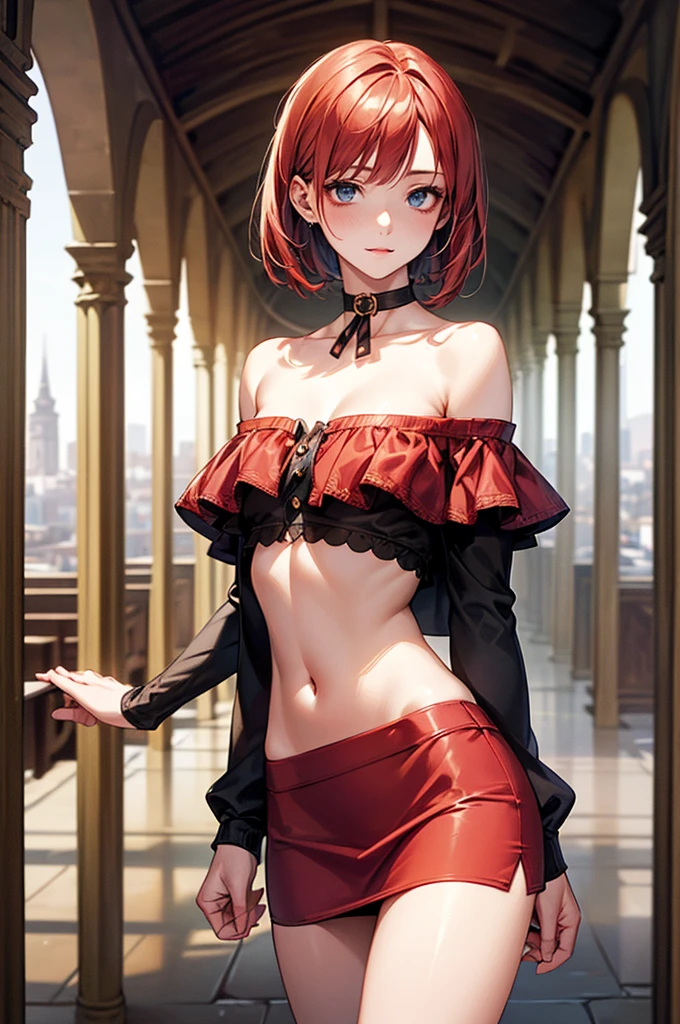 Will as a commoner, short bob "bright red" hair, brown eyes, slim body, slightly medium size-breast, slightly pointed ears dressed as a two piece cloth, personality joy, standing in a room, solo, detailed hands, high delicate defined details, sharp focus, looking at viewer,