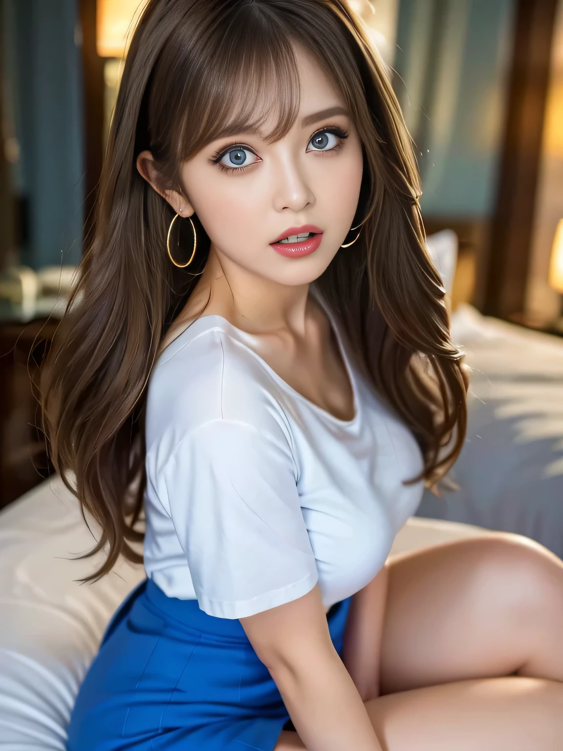 angry, hoop earrings, raised eyebrows, half-closed eyes, clenched teeth, open mouth, ass pov, uhd, anatomically correct, high details, best quality, 8k、One Japanese woman、30 years old、A photo showing your thighs to your head、Thin face、Sitting on a hotel bed looking back、Small breasts、large and shapely buttocks、Blue long tight skirt、High heels、Focused eyes、Detailed eyes、Detailed face、Light brown hair、White T-shirt、Brown eyes、Very angry、Symmetrical eyes、