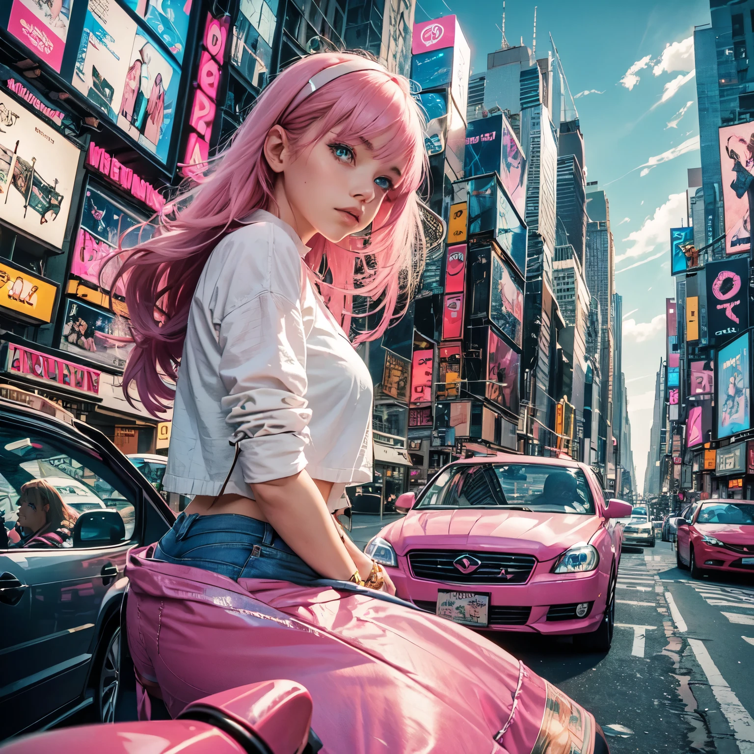 Girl with long pink hair and blue eyes wearing a pink crop top and super short denim skirt, Seeking a mysterious girl with a New York cityscape in the background