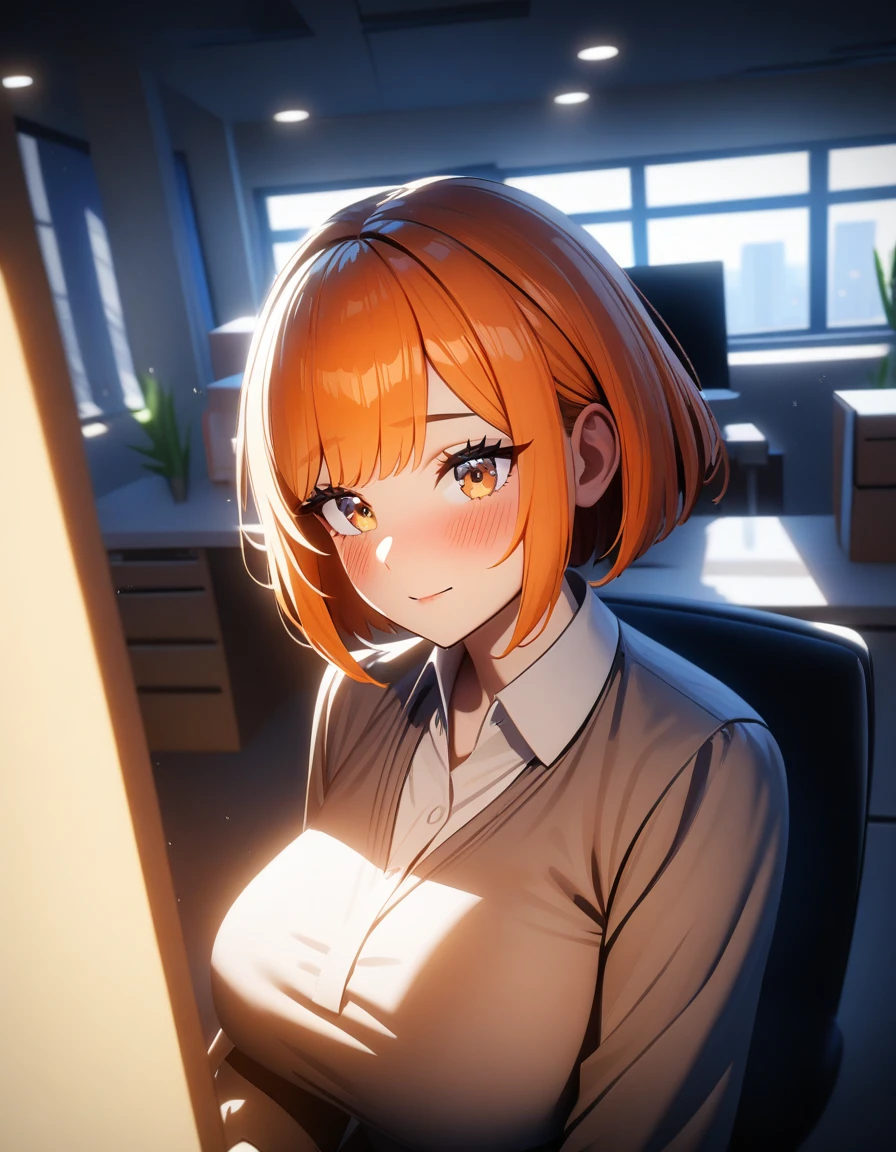 1girl, star eye, blush, perfect illumination, unreal engine, sidelighting, detailed face, bangs, bright skin, office, office uniform, she has a jiggly fat round belly, seductive anime girl, full body portrait of a short!, orange hair, short hair, brown eyes, tall, sitting