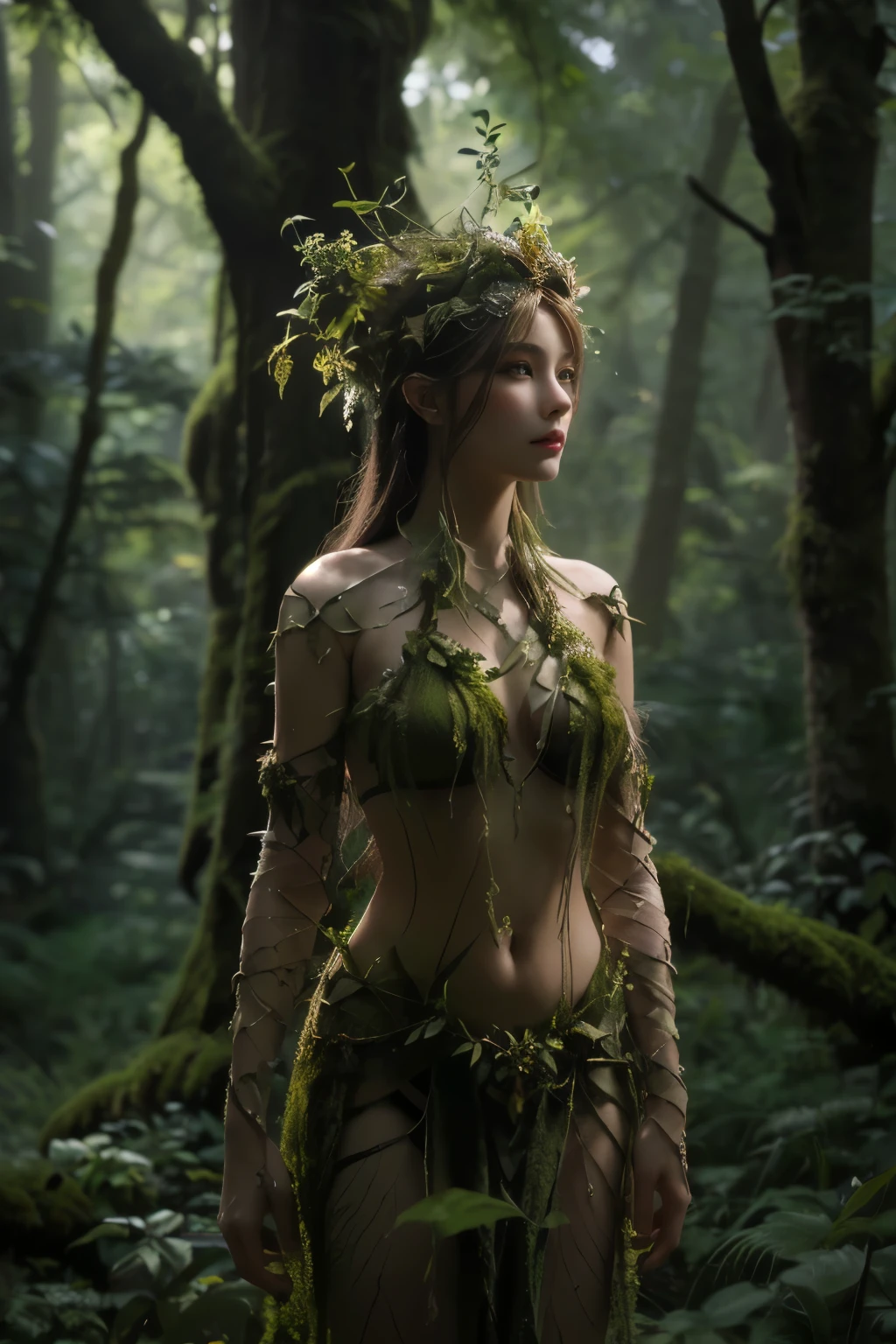 plowed woman in a forest with moss and leaves on her body, dryad in the forest, forest goddess, forest dryad, portrait of a dryad, dryad, forest fairy, goddess of nature, rainha forest fairy de verão, martial artist dryad, queen of the forest, snake skin armor forest dryad, goddess of nature