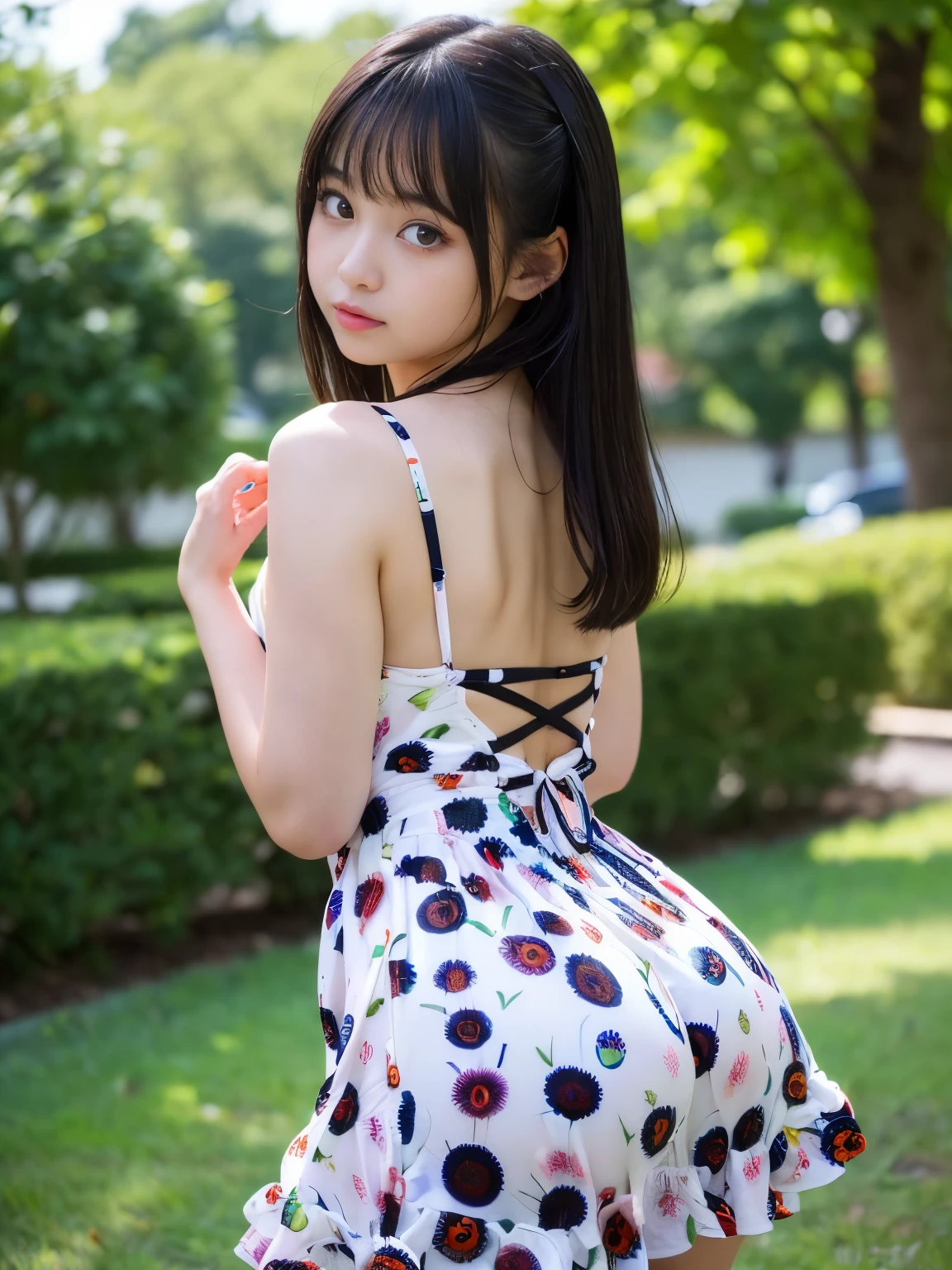 (((round face, drooping eyes, straddling the top of safety fence for masturbate in alley))), braid, (thin cheap casual dress, butt, panties), ((trees, plants)), angle from below, spread legs,