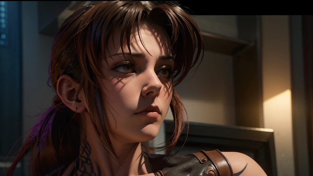 Revy from black lagoon, nude, neon lights, The artwork is rendered in an edgy and realistic style, with high attention to detail and sharp focus. The colors are vivid and contrasted, with a slight desaturation to create a moody atmosphere. shadowy highlights enhancing the overall composition. The medium used is a digital illustration, with a touch of photo-realistic elements to add depth and texture to the image. The final result is a masterpiece in ultra-high resolution,