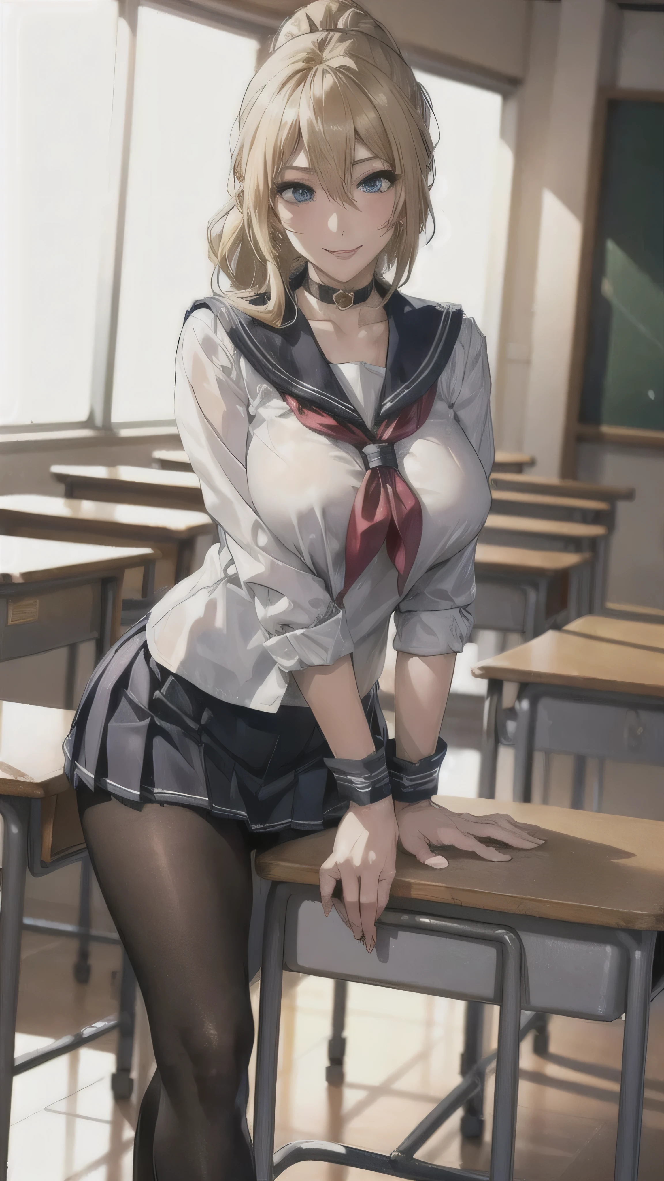 ((high school girl)),((school uniform)),((White blouse)),(((Pleated mini skirt))), ((A shy smile)),((Beautiful feet)),((Beautiful legs)),Ultra-high resolution, Mature Woman, Mature Woman, Very detailed, ((Big Breasts)), Perfect hands, Detailed fingers, Beautiful details, (((Sailor suit))),((Long blonde hair)),((ponytail)),Black choker, Earrings,loafers,(Black Pantyhose), (Black Stockings),Perfect Eyes, Seductive eyes, School classroom,Standing in front of the pulpit