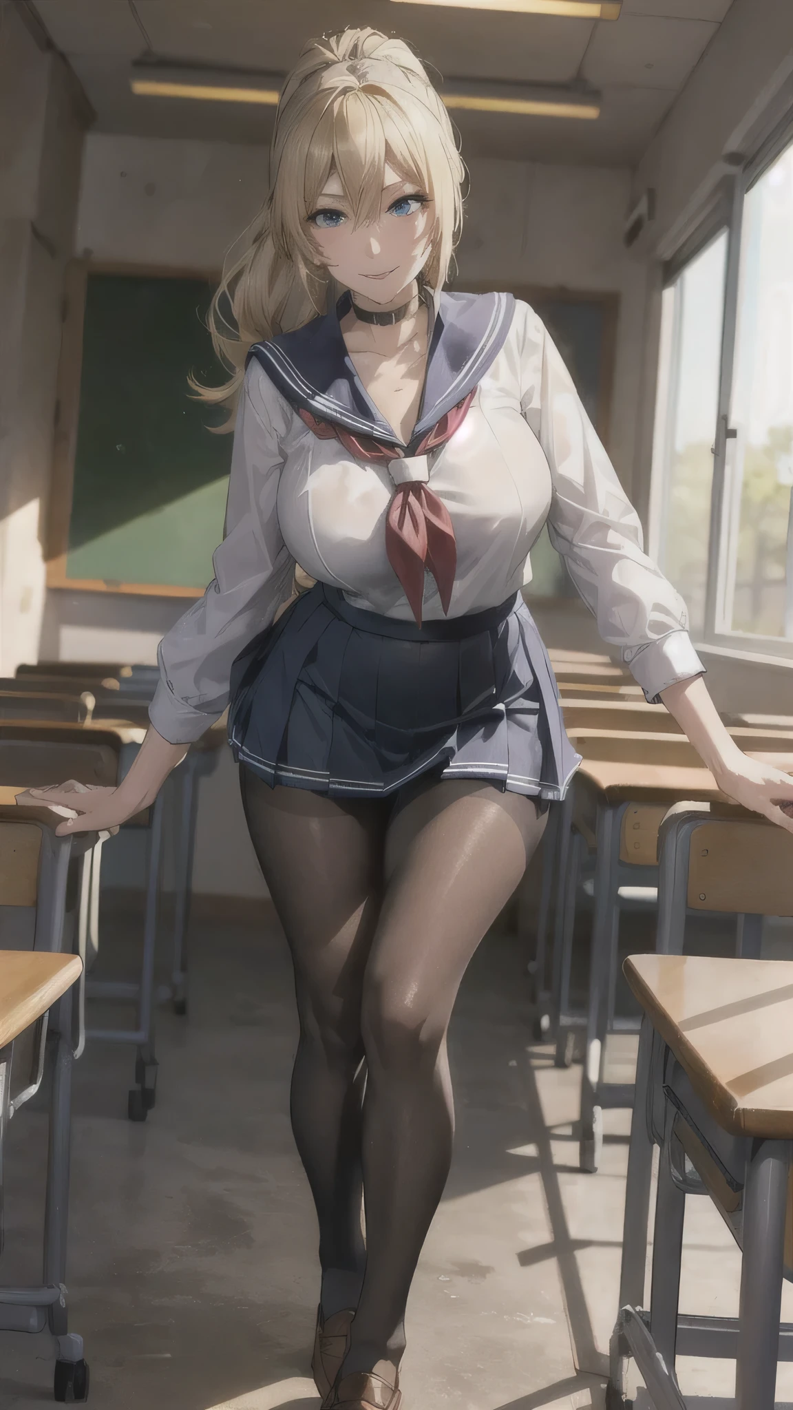 ((high school girl)),((school uniform)),((White blouse)),(((Pleated mini skirt))), ((A shy smile)),((Beautiful feet)),((Beautiful legs)),Ultra-high resolution, Mature Woman, Mature Woman, Very detailed, ((Big Breasts)), Perfect hands, Detailed fingers, Beautiful details, (((Sailor suit))),((Long blonde hair)),((ponytail)),Black choker, Earrings,loafers,(Black Pantyhose), (Black Stockings),Perfect Eyes, Seductive eyes, School classroom,Standing in front of the pulpit