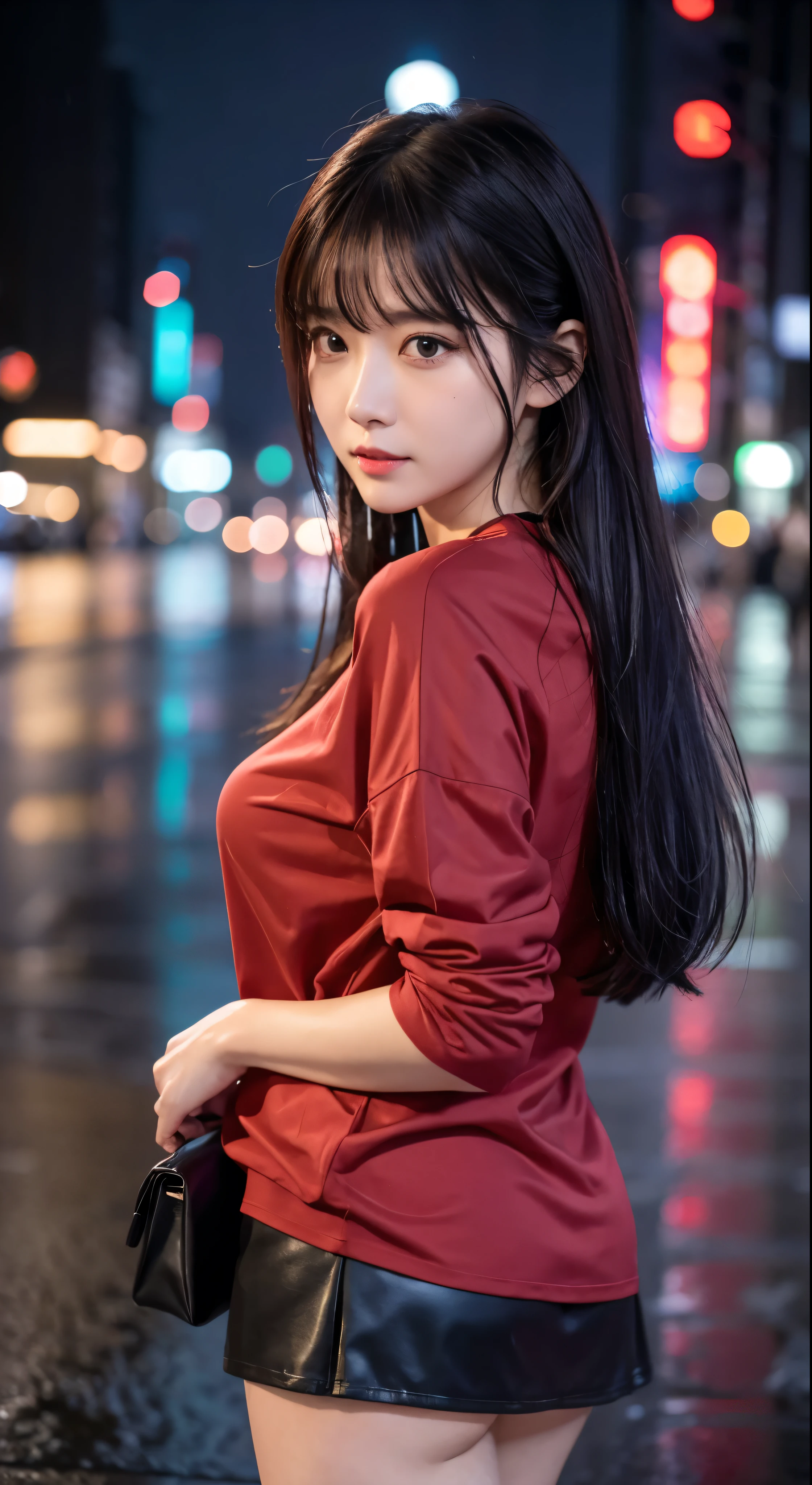 with high definition images，8k、RAW Photos、Highest quality、masterpiece:1.2)　(Realistic、Photorealistic:1.37)、Tokyo Streets、night、rain、Wet、Streetscape、night、Cyberpunk City、Soft Light、1 Girl、Very beautiful face、bust、Put your hands down、Random hairstyle、Random hair color、Facial details，Random facial expressions、Red shirt and black skirt，Full body high quality images