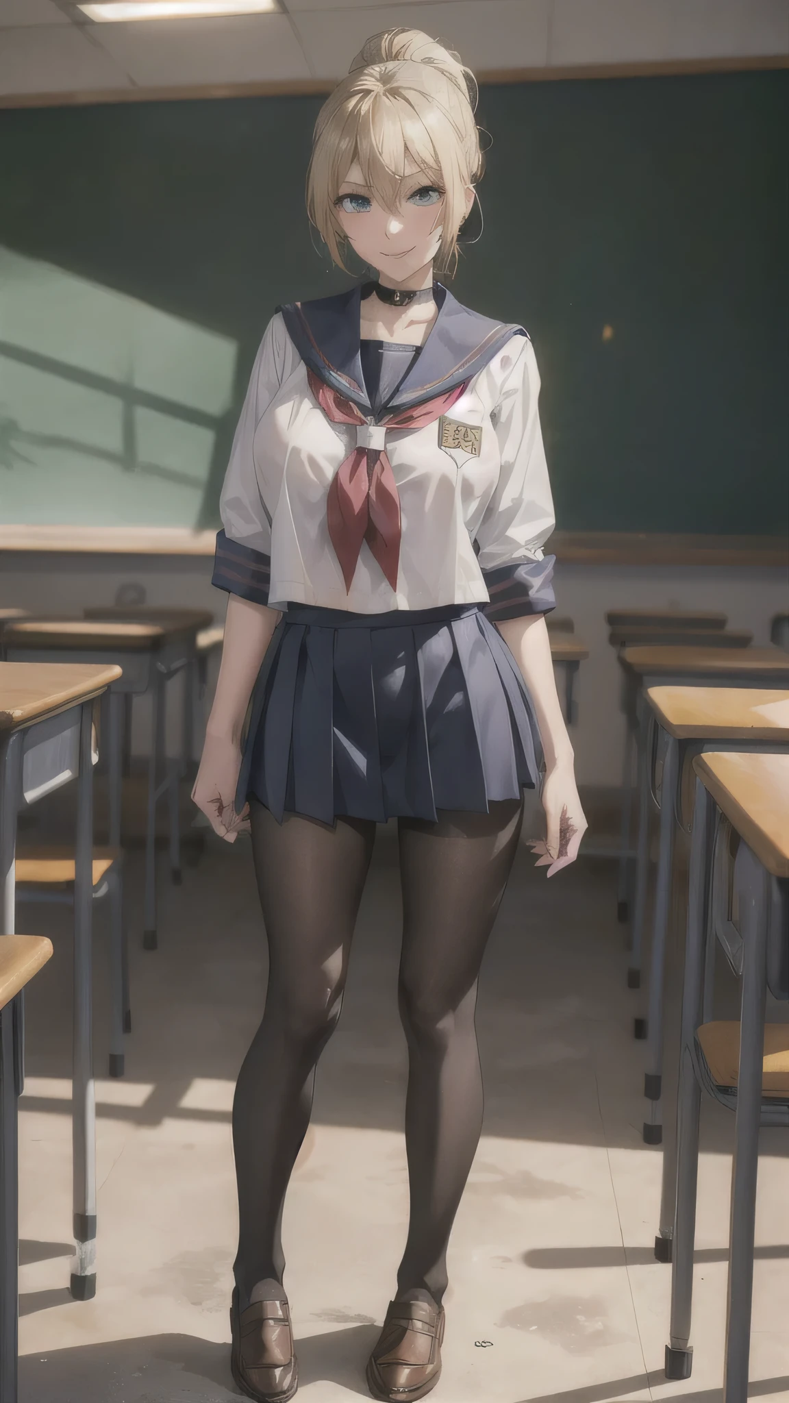 ((high school girl)),((school uniform)),((White blouse)),(((Pleated mini skirt))), ((A shy smile)),((Beautiful feet)),((Beautiful legs)),Ultra-high resolution, Mature Woman, Mature Woman, Very detailed, ((Big Breasts)), Perfect hands, Detailed fingers, Beautiful details, (((Sailor suit))),((Long blonde hair)),((ponytail)),Black choker, Earrings,loafers,(Black Pantyhose), (Black Stockings),Perfect Eyes, Seductive eyes, School classroom,Standing in front of the pulpit