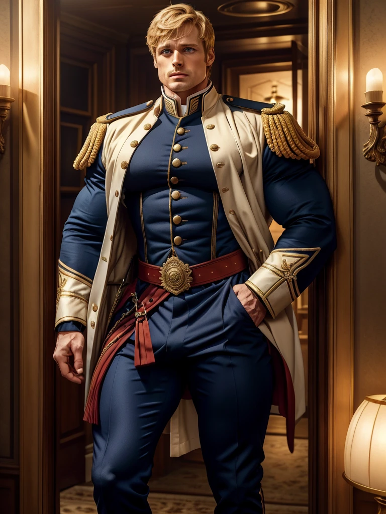 Bradley James handsome Victorian captain. The captain is 55 years old, muscular, blond, dressed in a ceremonial uniform, tight-fitting to his body and showing his muscles, buttoned up with all the buttons. His dreamy gaze is directed into the distance. The fly in the trousers is unbuttoned. Big and thick dick.