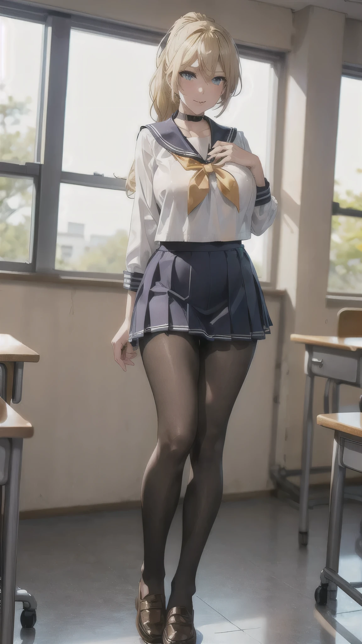 ((high school girl)),((school uniform)),((White blouse)),(((Pleated mini skirt))), ((A shy smile)),((Beautiful feet)),((Beautiful legs)),Ultra-high resolution, Mature Woman, Mature Woman, Very detailed, ((Big Breasts)), Perfect hands, Detailed fingers, Beautiful details, (((Sailor suit))),((Long blonde hair)),((ponytail)),Black choker, Earrings,loafers,(Black Pantyhose), (Black Stockings),Perfect Eyes, Seductive eyes, School classroom,Standing in front of the pulpit