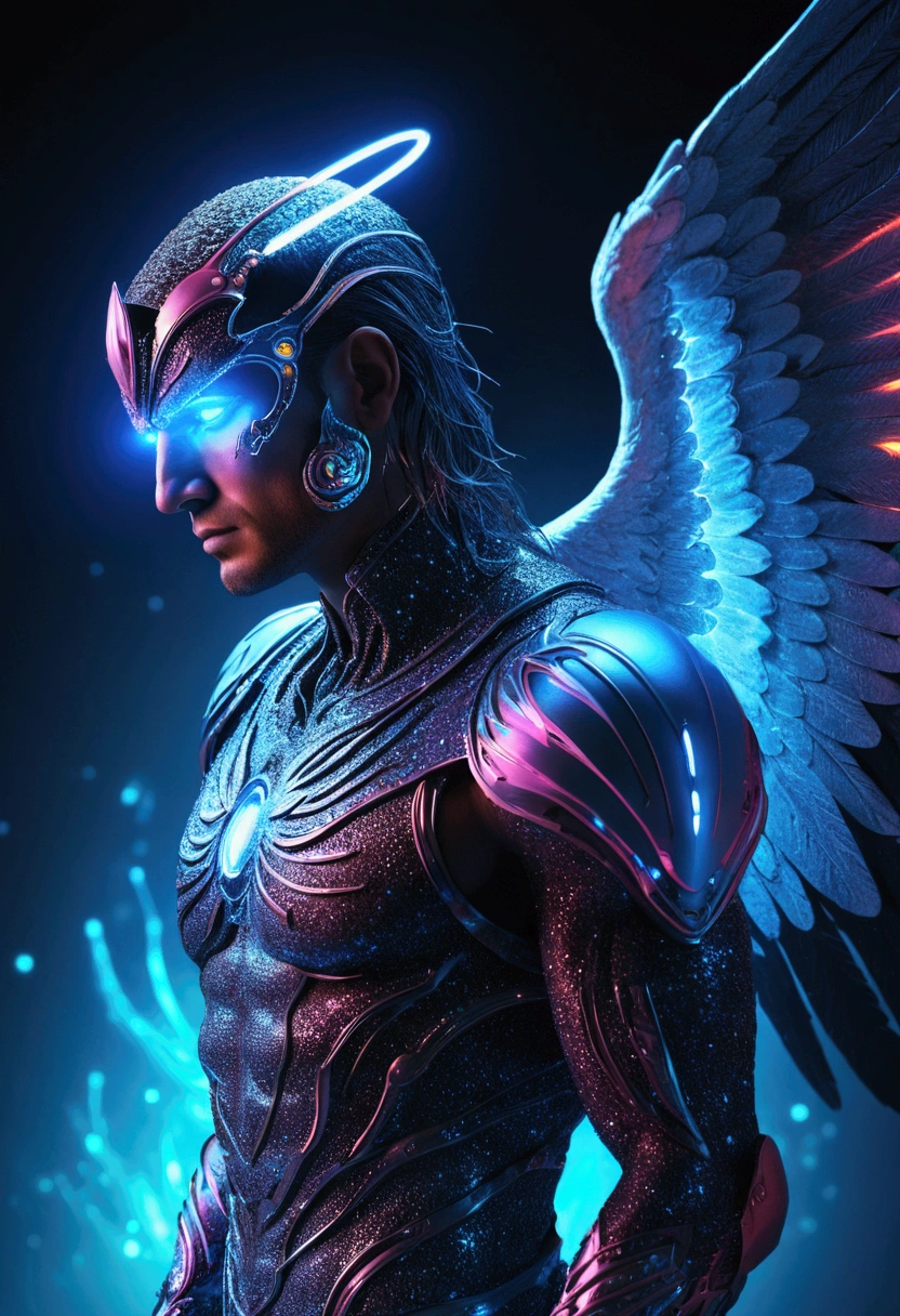 cosmic fallen angel, naughty man, seen in profile,  glowing light eyes, Biomechanicals, weirdcore, frightful, nightmarish, very bright colors, light particles, with bright light, Mshiff, Wallpaper Art, UHD Wallpaper, blue outfit, light background