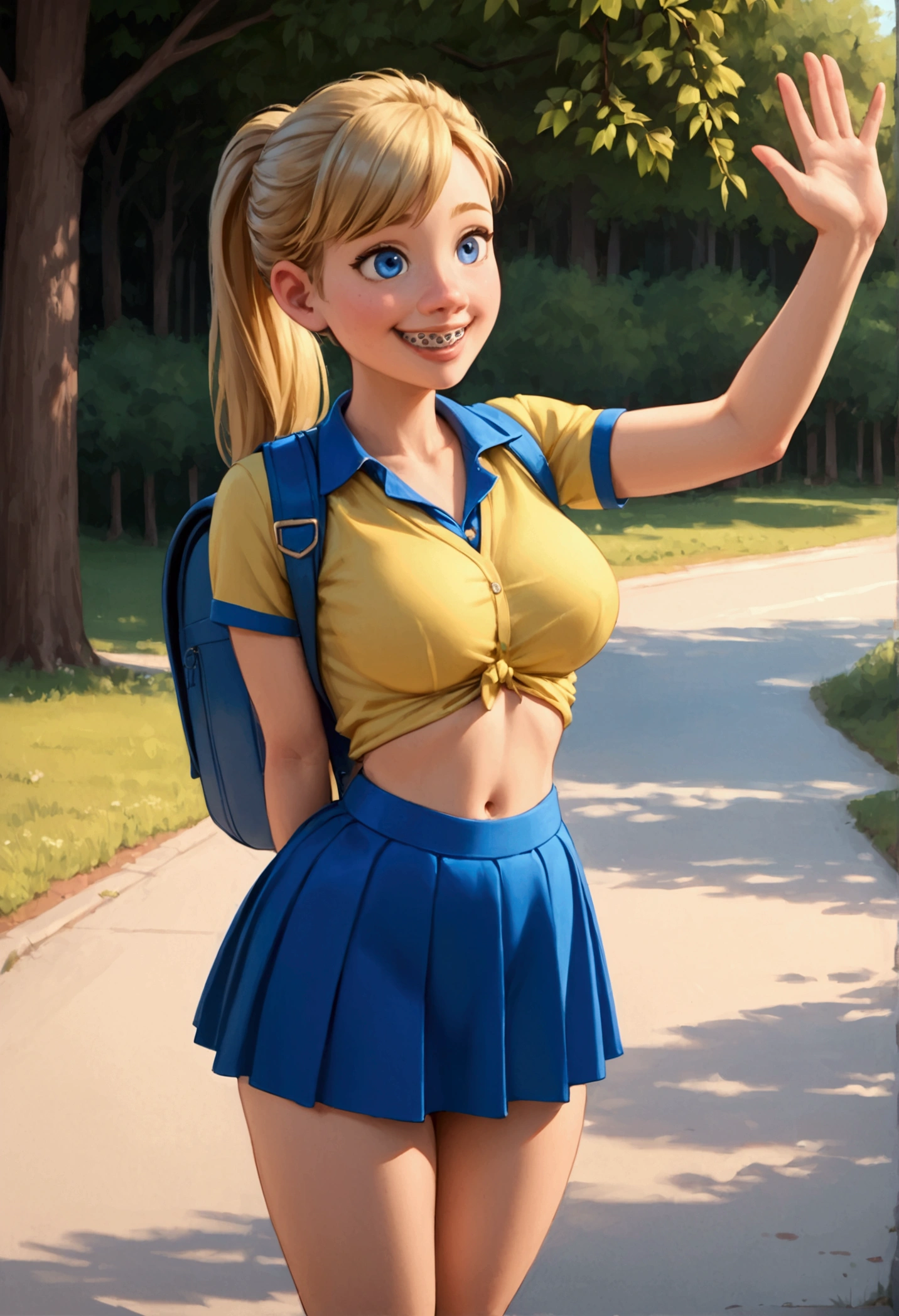 A stunning, intricate full-color portrait in Ultra-HD, detailed face, long hair tied up and making a blonde ponytail, blue eyes, Wearing short yellow school shirt, that I will be able to see his navel, sharp focus, natural lighting, Subsoil Dispersion, F2, 35mm, will be standing, posing sensually, very sexy, with fat legs and wide hips, very small waist, will be found in the city, smiling and with braces, very giant breasts, She will be wearing a small, light blue, wide school skirt and her underwear will be visible., He will have a brown leather backpack hanging on his back and will be waving towards the spectators. 