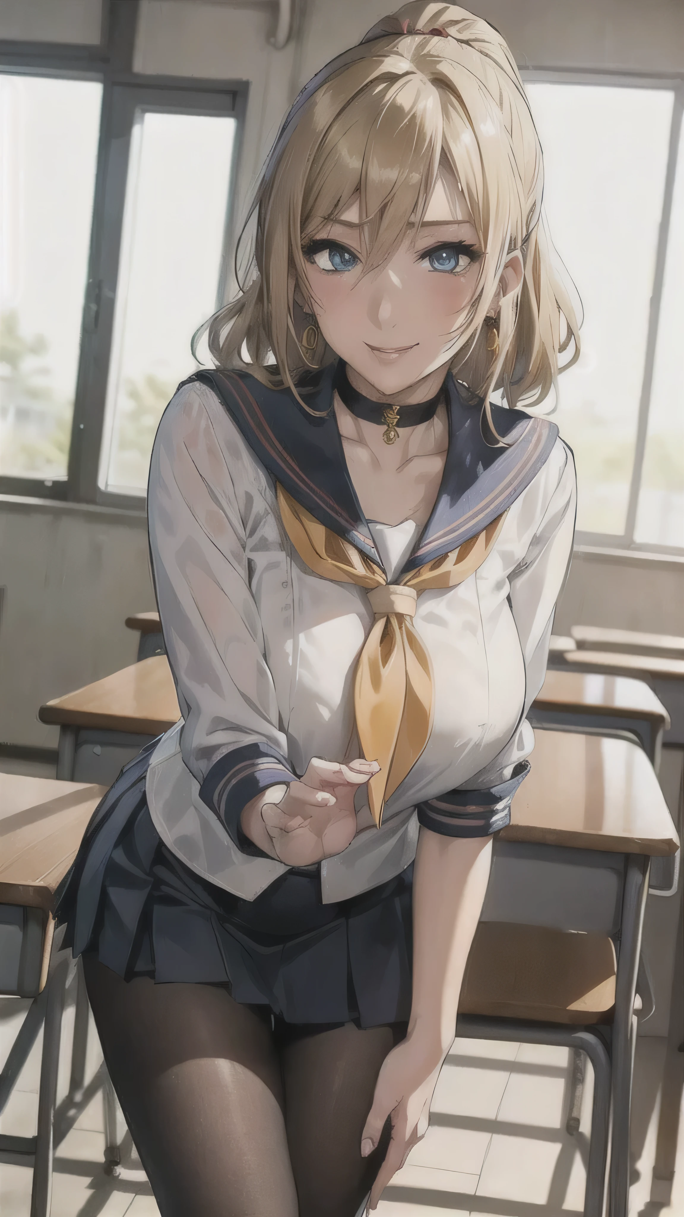 ((high school girl)),((school uniform)),((White blouse)),(((Pleated mini skirt))), ((A shy smile)),((Beautiful feet)),((Beautiful legs)),Ultra-high resolution, Mature Woman, Mature Woman, Very detailed, ((Big Breasts)), Perfect hands, Detailed fingers, Beautiful details, (((Sailor suit))),((Long blonde hair)),((ponytail)),Black choker, Earrings,loafers,(Black Pantyhose), (Black Stockings),Perfect Eyes, Seductive eyes, School classroom,Standing in front of the pulpit