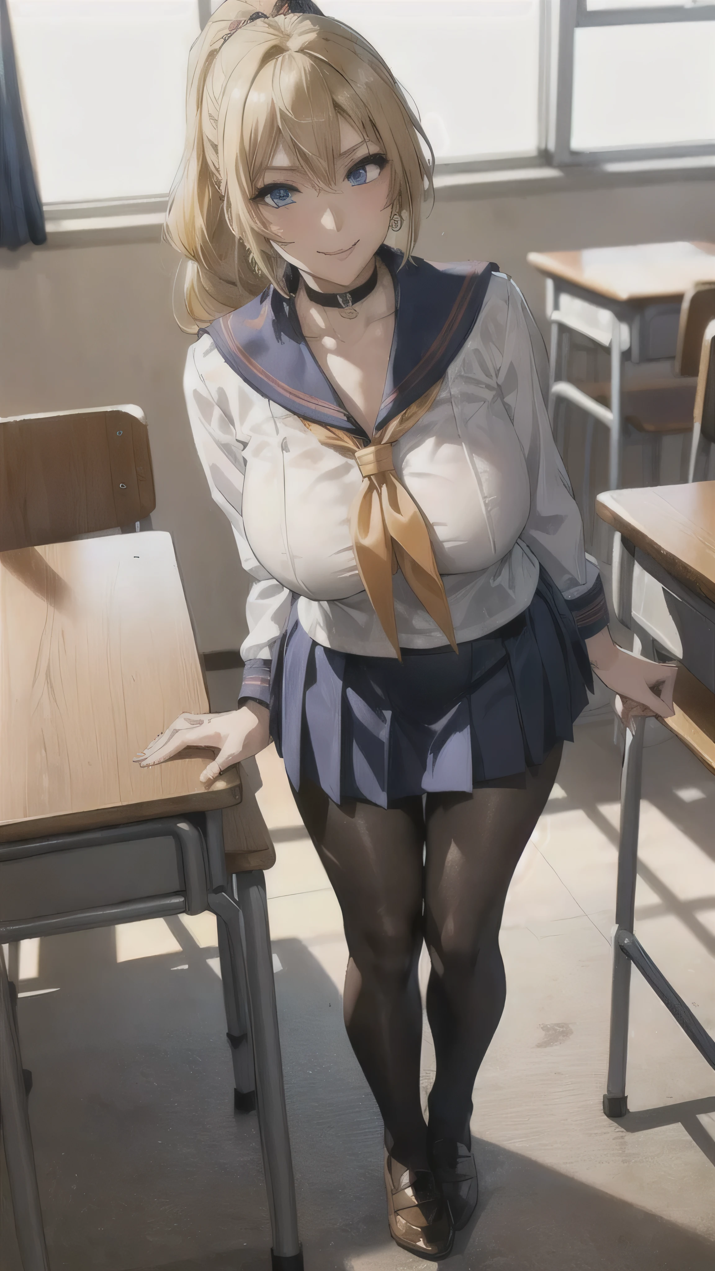 ((high school girl)),((school uniform)),((White blouse)),(((Pleated mini skirt))), ((A shy smile)),((Beautiful feet)),((Beautiful legs)),Ultra-high resolution, Mature Woman, Mature Woman, Very detailed, ((Big Breasts)), Perfect hands, Detailed fingers, Beautiful details, (((Sailor suit))),((Long blonde hair)),((ponytail)),Black choker, Earrings,loafers,(Black Pantyhose), (Black Stockings),Perfect Eyes, Seductive eyes, School classroom,Standing in front of the pulpit