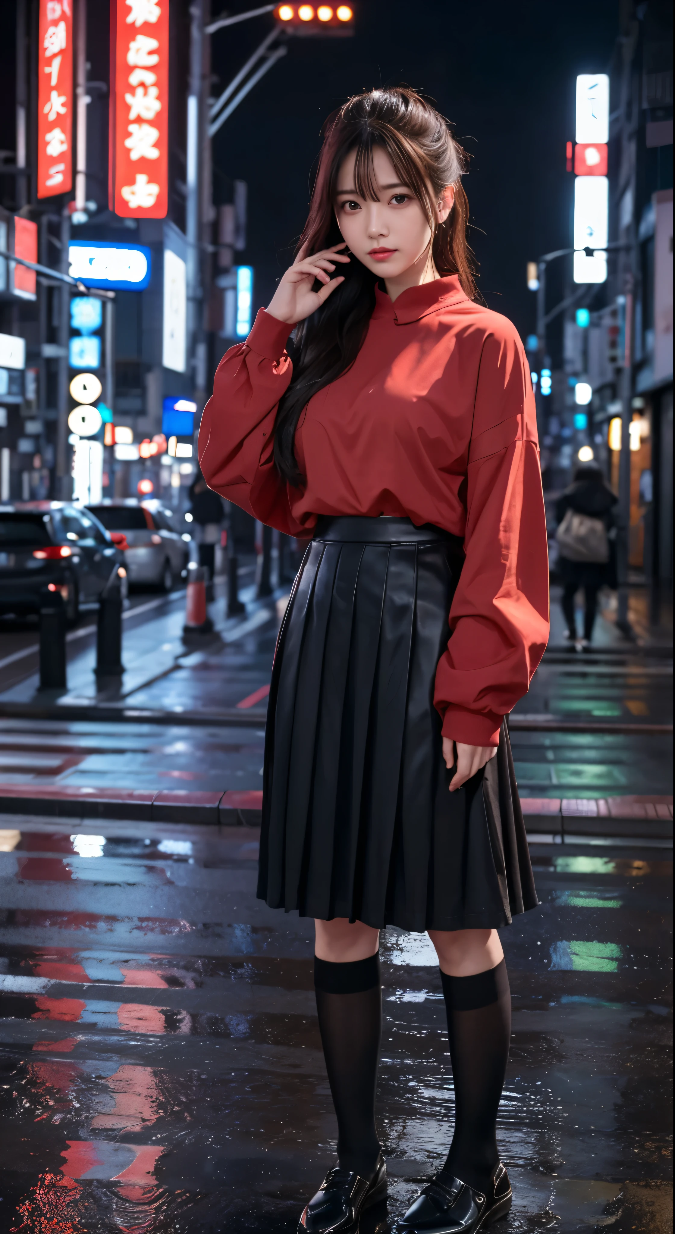 with high definition images，8k、RAW Photos、Highest quality、masterpiece:1.2)　(Realistic、Photorealistic:1.37)、Tokyo Streets、night、rain、Wet、Streetscape、night、Cyberpunk City、Soft Light、1 Girl、Very beautiful face、bust、Put your hands down、Random hairstyle、Random hair color、Random facial expressions、Red shirt and black skirt