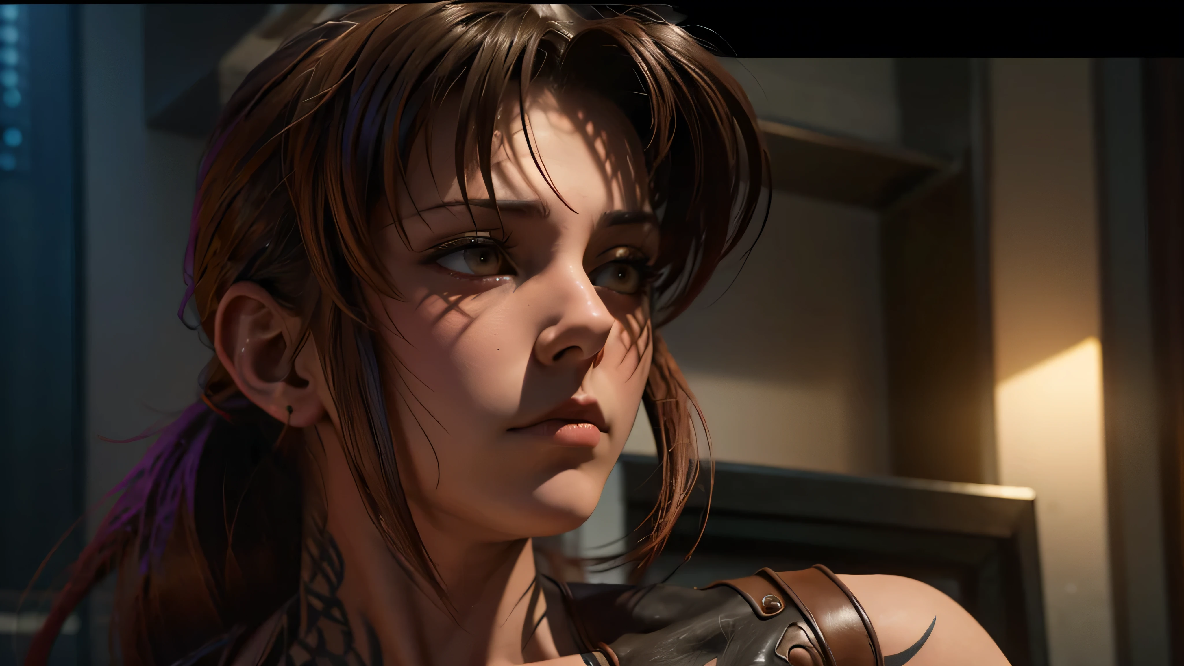 Revy from black lagoon, nude, neon lights, The artwork is rendered in an edgy and realistic style, with high attention to detail and sharp focus. The colors are vivid and contrasted, with a slight desaturation to create a moody atmosphere. shadowy highlights enhancing the overall composition. The medium used is a digital illustration, with a touch of photo-realistic elements to add depth and texture to the image. The final result is a masterpiece in ultra-high resolution,