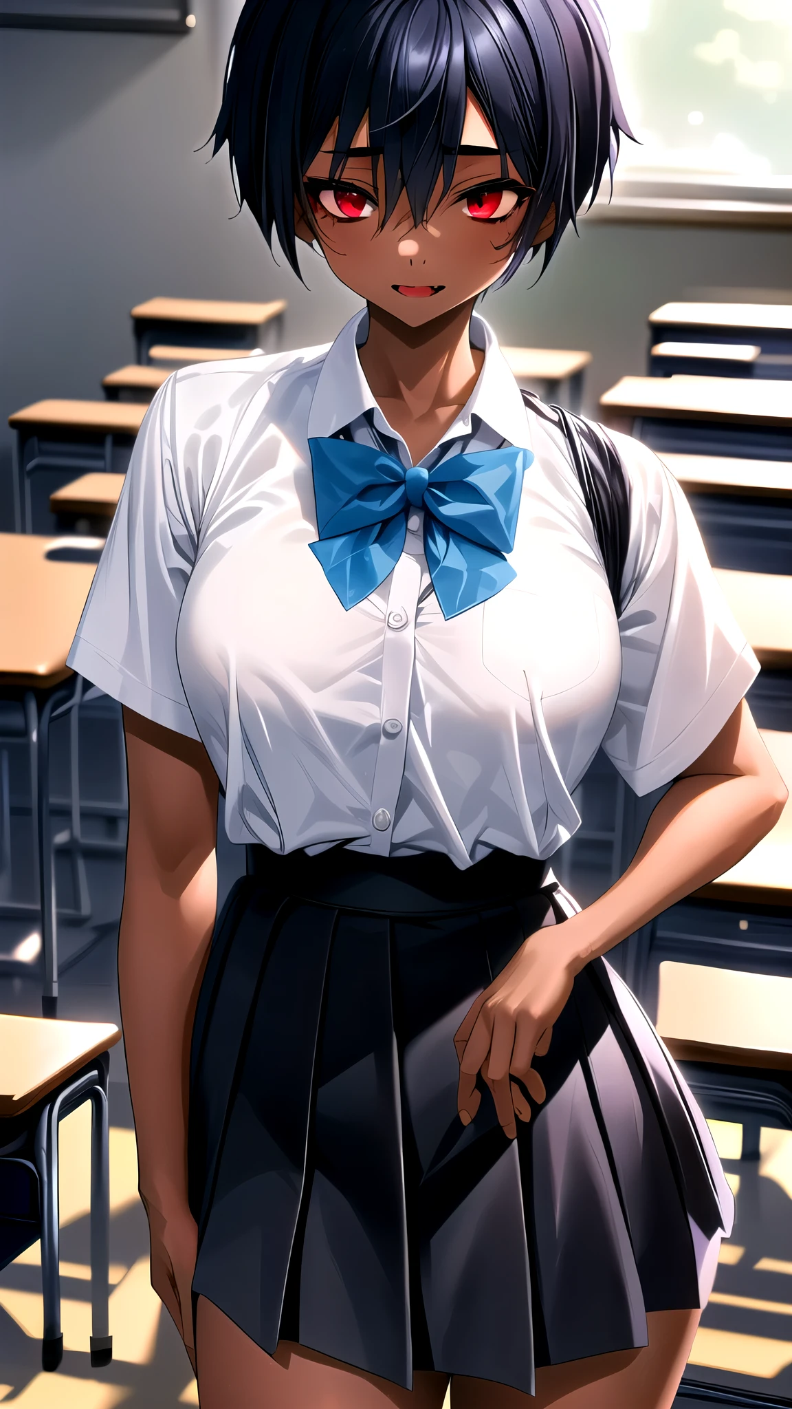 female student girl human tall tomboy, Dark skin, appears to have neck-length black hair , red eyes, She has small fangs that match her loud and impulsive personality and she has a beautiful and skinny appearance with large breasts wearing Japanese school clothes and a long black school skirt cut short inside the skirt with Spat shorts reveal a little bit of the outside .The scene is that she is standing in the middle of two student desks and chairs in the classroom 