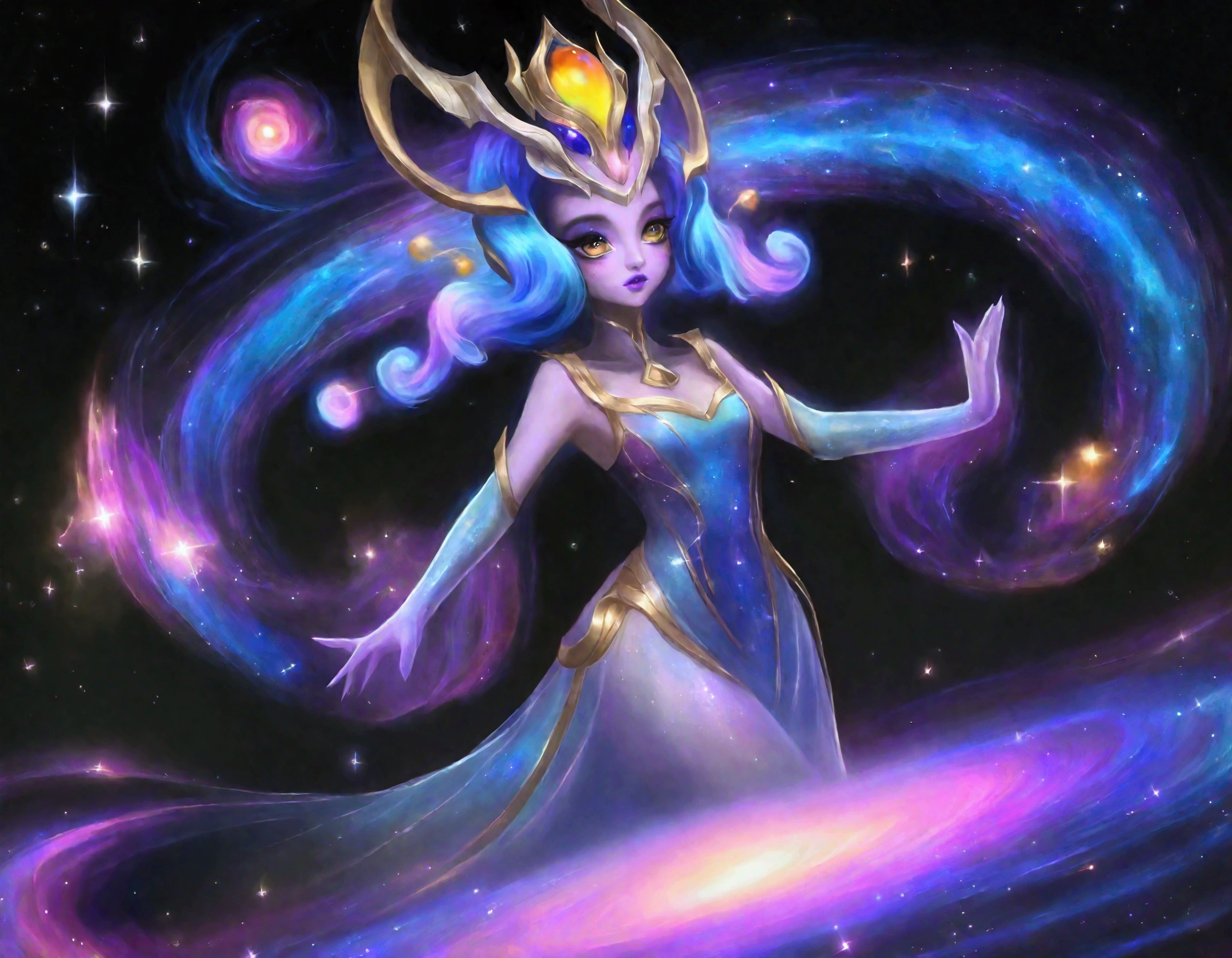 A lovely woman (age 25, sheer airy gown, dragon makeup, big eyes, colorful hair, dancing on a cosmic field of stars, trails of stardust and sparkles
