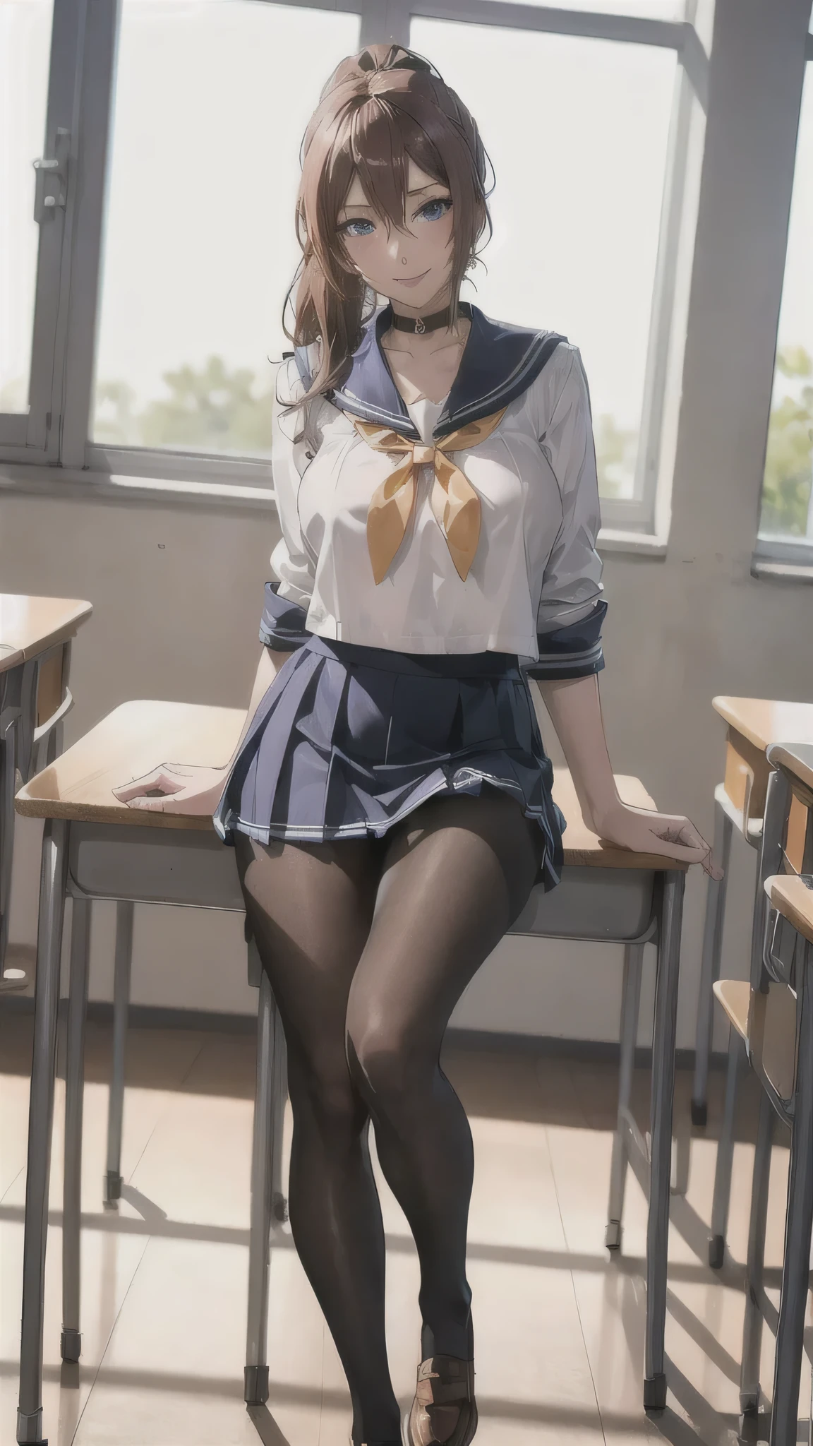 ((high school girl)),((school uniform)),((White blouse)),(((Pleated mini skirt))), ((A shy smile)),((Beautiful feet)),((Beautiful legs)),Ultra-high resolution, Mature Woman, Mature Woman, Very detailed, ((Big Breasts)), Perfect hands, Detailed fingers, Beautiful details, (((Sailor suit))),((Long Hair)),((ponytail)),Black choker, Earrings,loafers,(Black Pantyhose), (Black Stockings),Perfect Eyes, Seductive eyes, School classroom,Standing in front of the pulpit