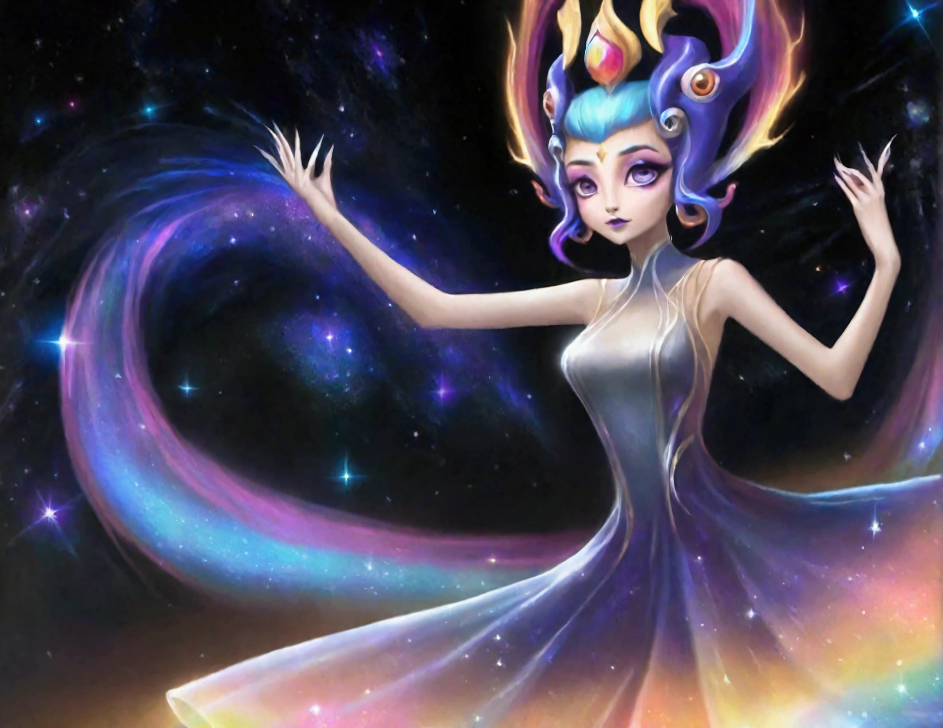 A lovely woman (age 25, sheer airy gown, dragon makeup, big eyes, colorful hair, dancing on a cosmic field of stars, trails of stardust and sparkles
