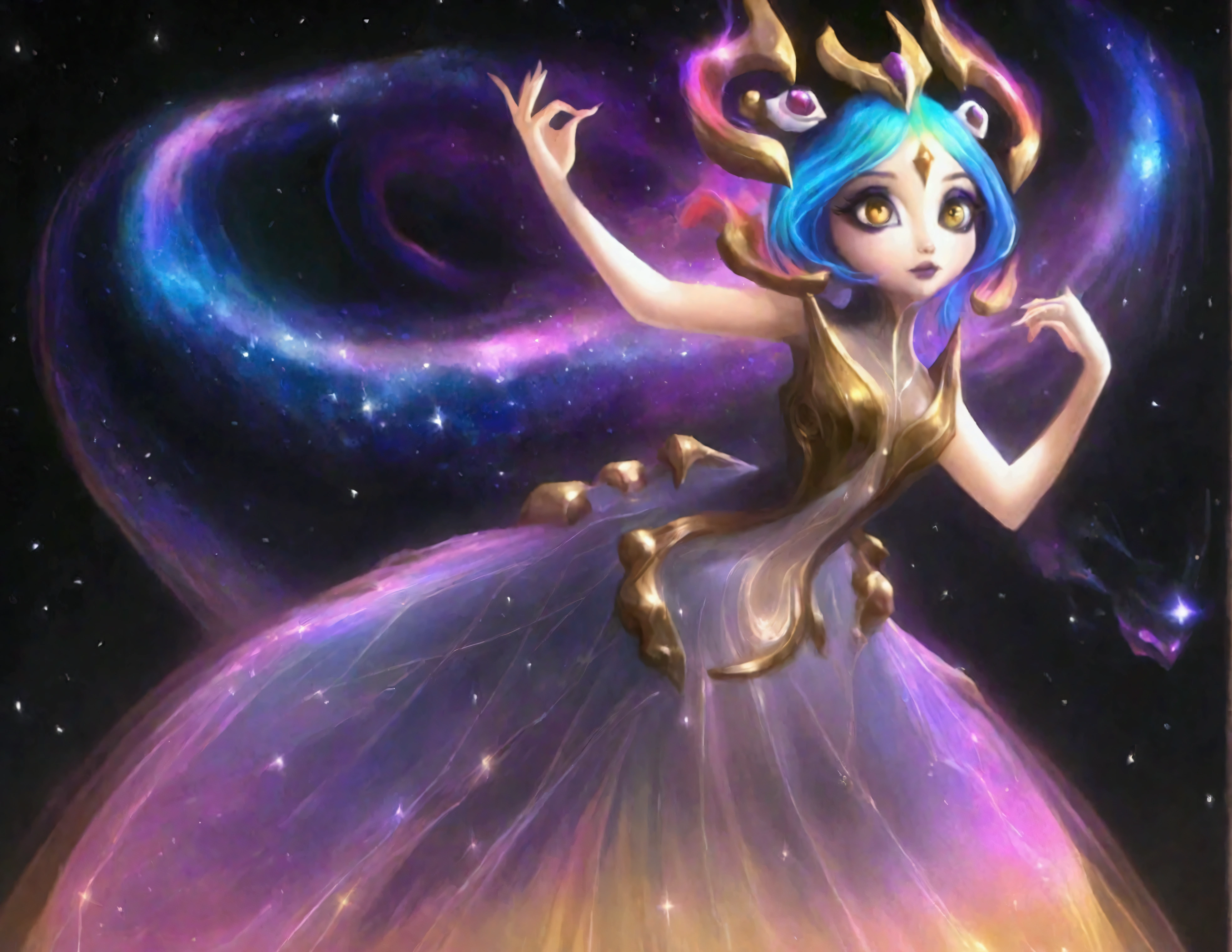 A lovely woman (age 25, sheer airy gown, dragon makeup, big eyes, colorful hair, dancing on a cosmic field of stars, trails of stardust and sparkles