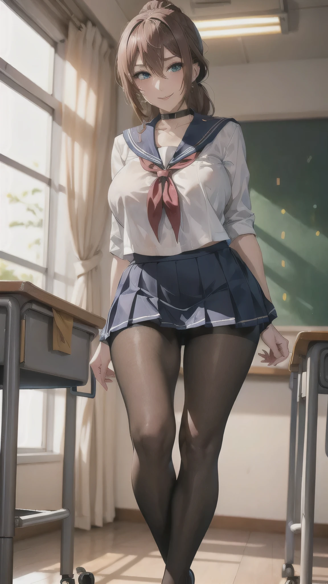 ((high school girl)),((school uniform)),((White blouse)),(((Pleated mini skirt))), ((A shy smile)),((Beautiful feet)),((Beautiful legs)),Ultra-high resolution, Mature Woman, Mature Woman, Very detailed, ((Big Breasts)), Perfect hands, Detailed fingers, Beautiful details, (((Sailor suit))),((Long Hair)),((ponytail)),Black choker, Earrings,loafers,(Black Pantyhose), (Black Stockings),Perfect Eyes, Seductive eyes, School classroom,Standing in front of the pulpit