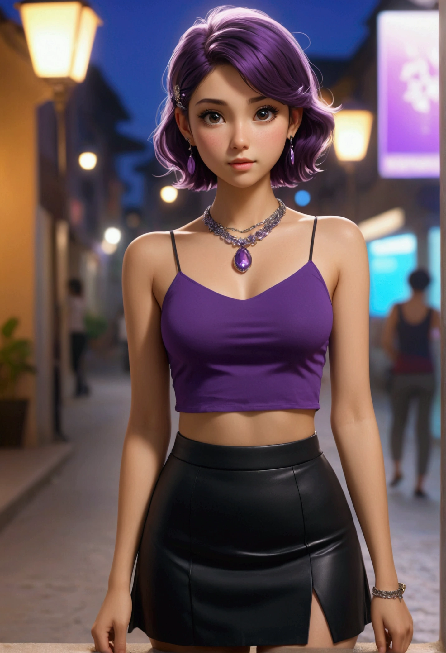 1 girl, best qualityer, work of art, high resolution, [purple|switches|Unripe] _body hair, black miniskirt, body hair accessory, necklase, jewerly, beautiful  face, anxiously waiting, full body view, realisitic, open air, modern square, two tone lighting, (high detail skin: 1.2), 8k UHD, dslr, smooth light, high qualiy, Volumetric Light, candid, photoshot, high resolution, 4K, 8k, background blur