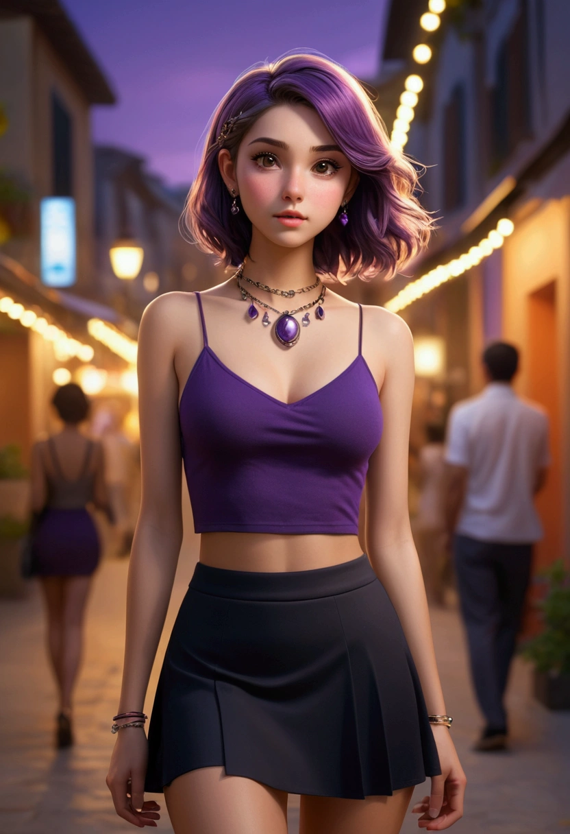 1 girl, best qualityer, work of art, high resolution, [purple|switches|Unripe] _body hair, black miniskirt, body hair accessory, necklase, jewerly, beautiful  face, anxiously waiting, full body view, realisitic, open air, modern square, two tone lighting, (high detail skin: 1.2), 8k UHD, dslr, smooth light, high qualiy, Volumetric Light, candid, photoshot, high resolution, 4K, 8k, background blur