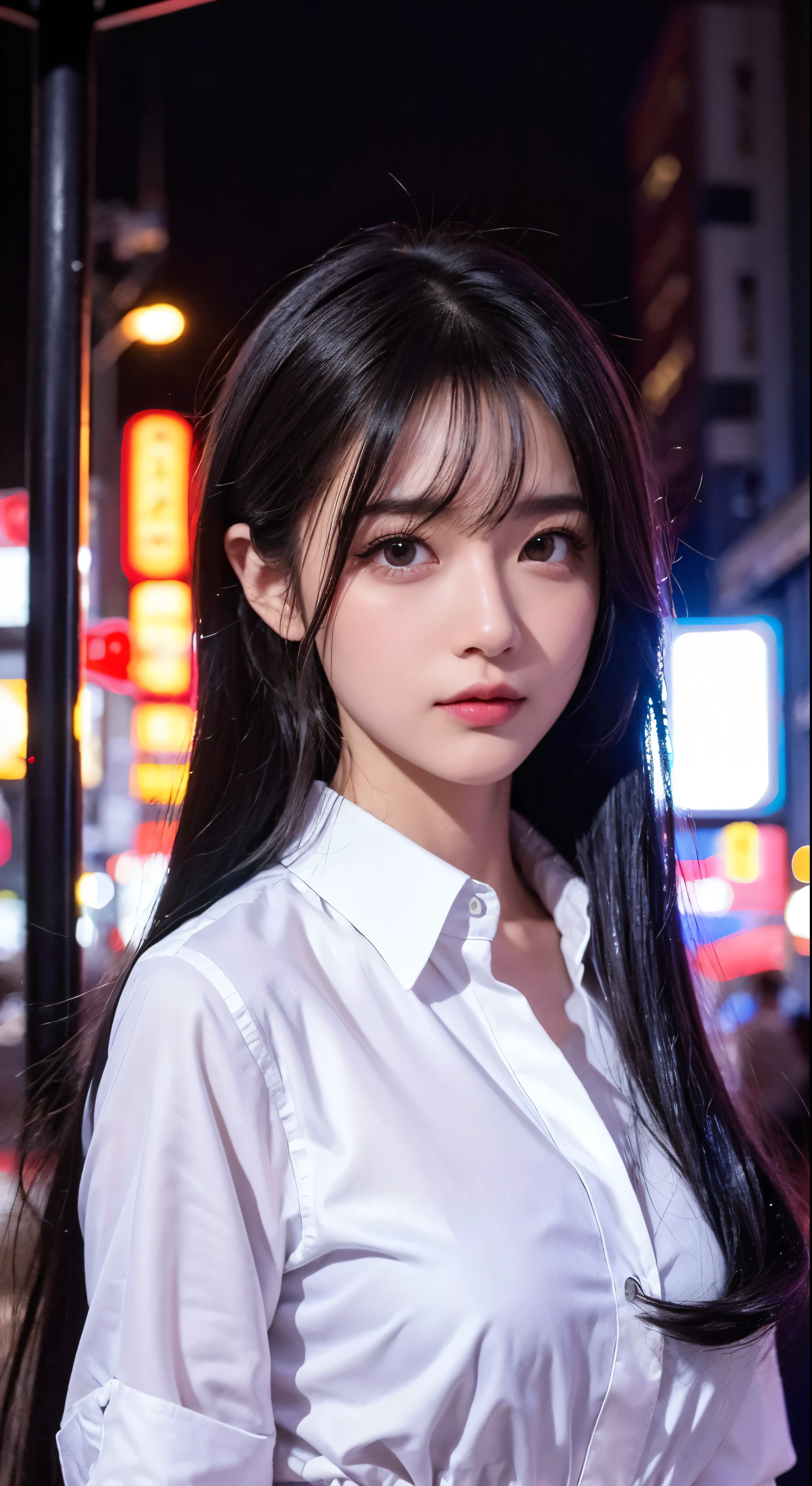 with high definition images，8k、RAW Photos、Highest quality、masterpiece:1.2)　(Realistic、Photorealistic:1.37)　Tokyo Streets、night、rain、Wet、Streetscape、night、Cyberpunk City、Soft Light、1 Girl、Very beautiful face、bust、Put your hands down、Random hairstyle、Random hair color、Random facial expressions、White shirt and black mini skirt