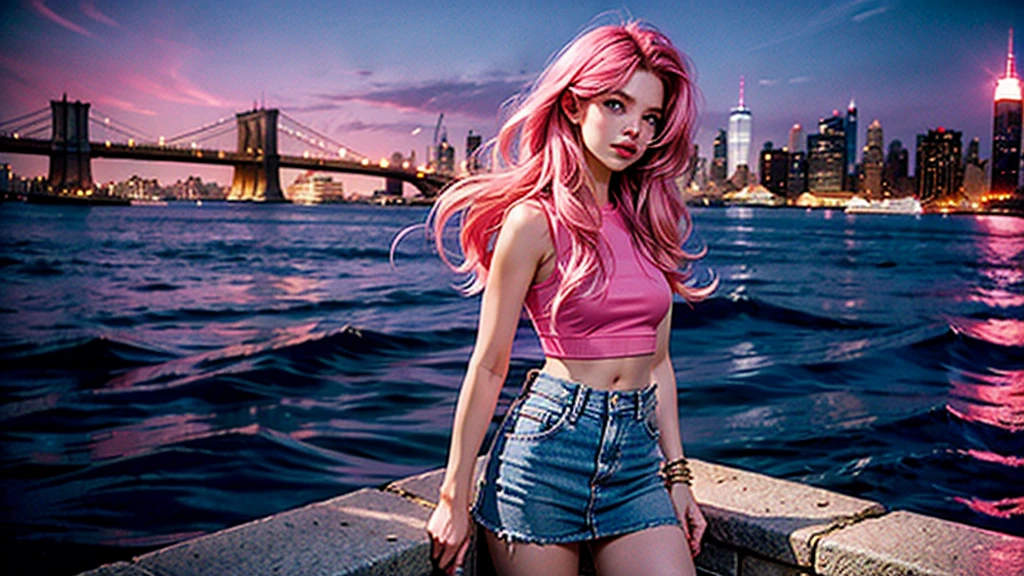 Girl with long pink hair and blue eyes wearing a pink crop top and super short denim skirt, Seeking a mysterious girl with a New York cityscape in the background