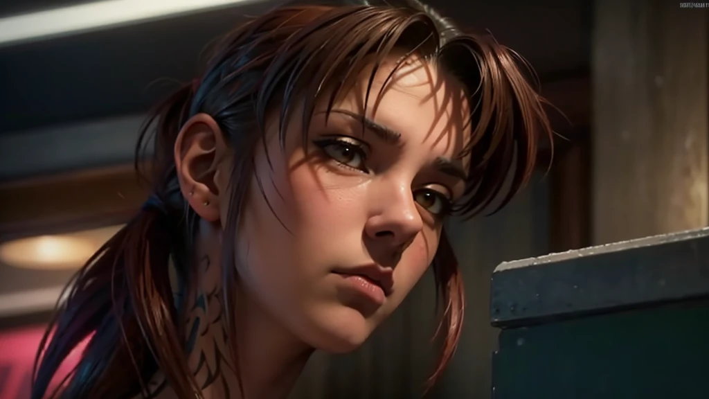 Revy from black lagoon, nude, neon lights, The artwork is rendered in an edgy and realistic style, with high attention to detail and sharp focus. The colors are vivid and contrasted, with a slight desaturation to create a moody atmosphere. shadowy highlights enhancing the overall composition. The medium used is a digital illustration, with a touch of photo-realistic elements to add depth and texture to the image. The final result is a masterpiece in ultra-high resolution,