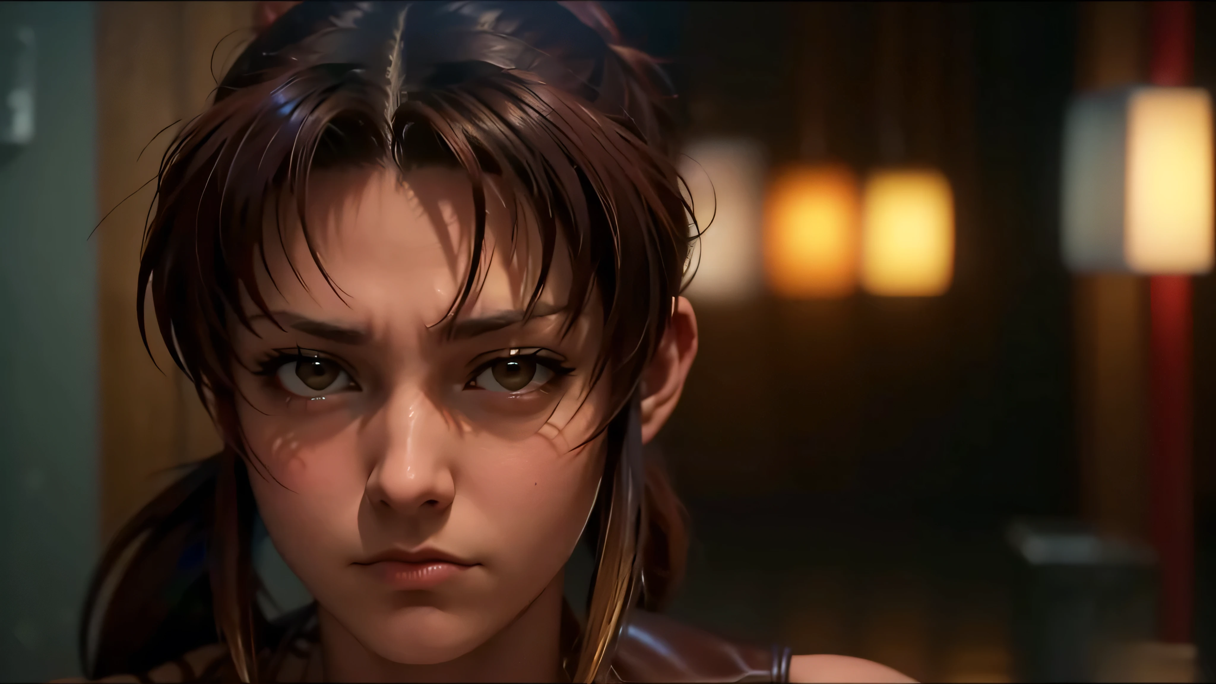Revy from black lagoon, nude, neon lights, The artwork is rendered in an edgy and realistic style, with high attention to detail and sharp focus. The colors are vivid and contrasted, with a slight desaturation to create a moody atmosphere. shadowy highlights enhancing the overall composition. The medium used is a digital illustration, with a touch of photo-realistic elements to add depth and texture to the image. The final result is a masterpiece in ultra-high resolution,