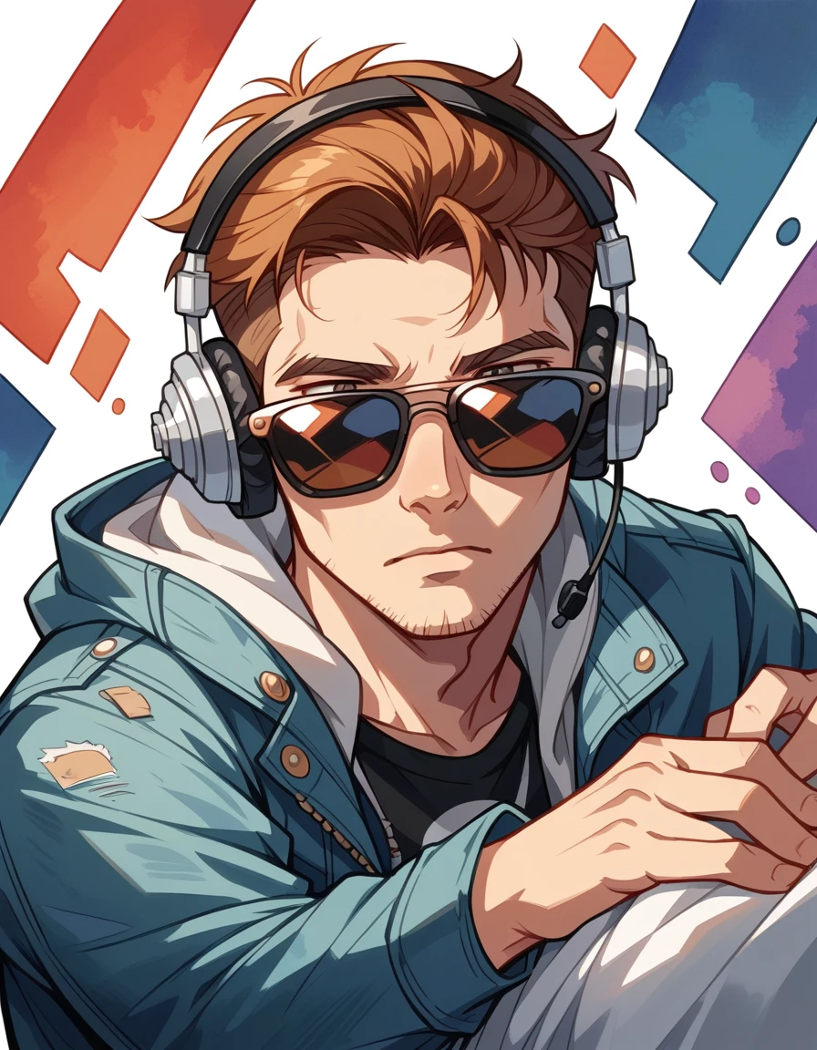 Perfect centering, wear a denim jacket, Wear sunglasses, Wearing headphones, luck, Standing position, abstract beauty, centered, look into the camera, look into the camera, Close to perfection, dynamic, Very detailed, smooth, keen focus, 8k, High resolution, Illustration, Vector image, Kunst von Carne Griffiths und Wadim Kashin, Background watercolor