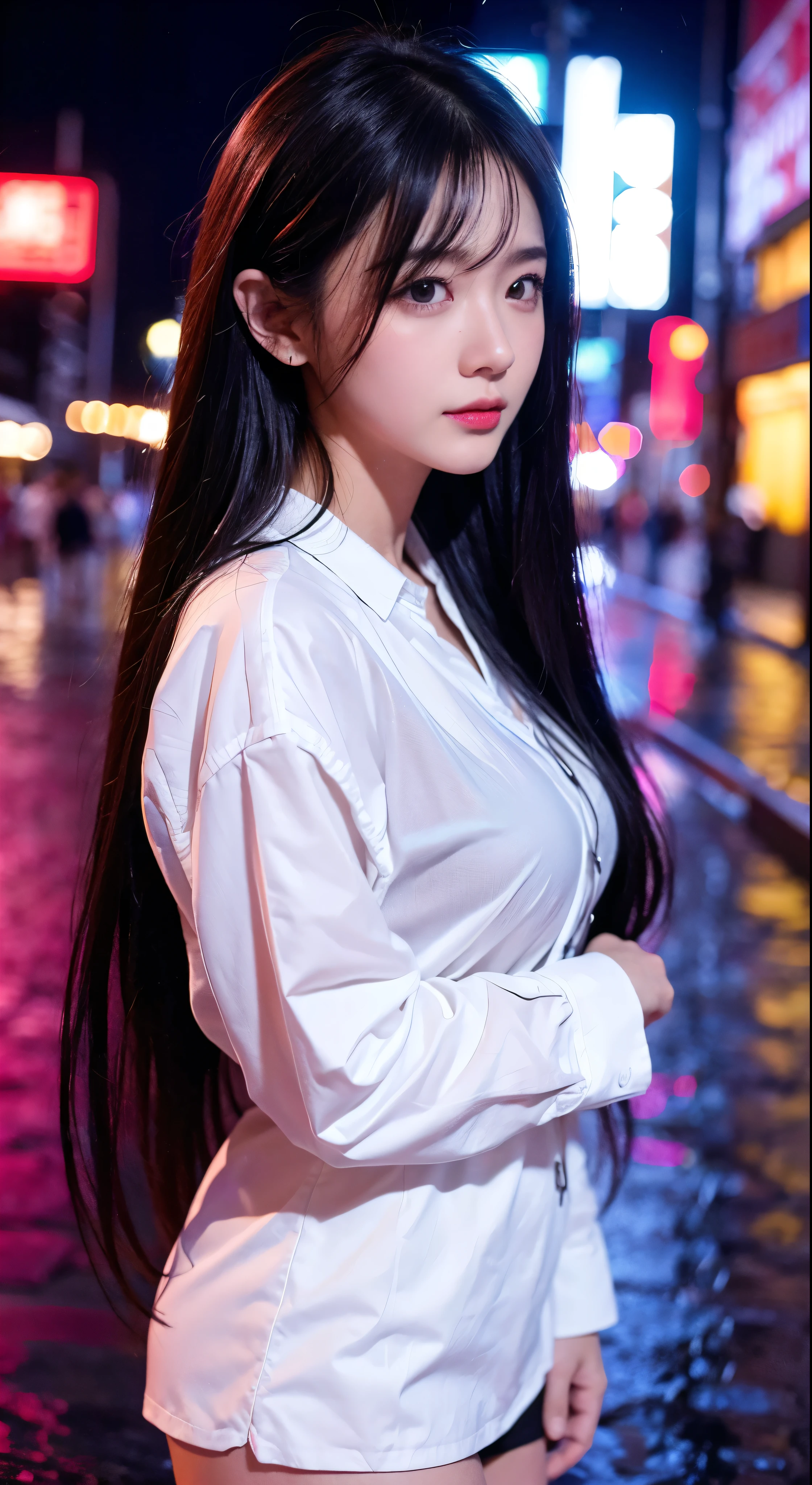 with high definition images，8k、RAW Photos、Highest quality、masterpiece:1.2)　(Realistic、Photorealistic:1.37)　Tokyo Streets、night、rain、Wet、Streetscape、night、Cyberpunk City、Soft Light、1 Girl、Very beautiful face、bust、Put your hands down、Random hairstyle、Random hair color、Random facial expressions、White shirt and black mini skirt