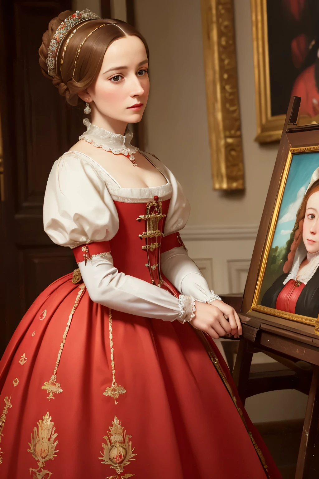 painting of a woman in a red dress with a white collar, portrait of a queen, 1 7 th century duchess, as an elegant noblewoman, inspired by Sofonisba Anguissola, 1500s oil portrait, wearing elegant tudor clothes, by Sofonisba Anguissola, painted in 1530, inspired by Eleanor Vere Boyle