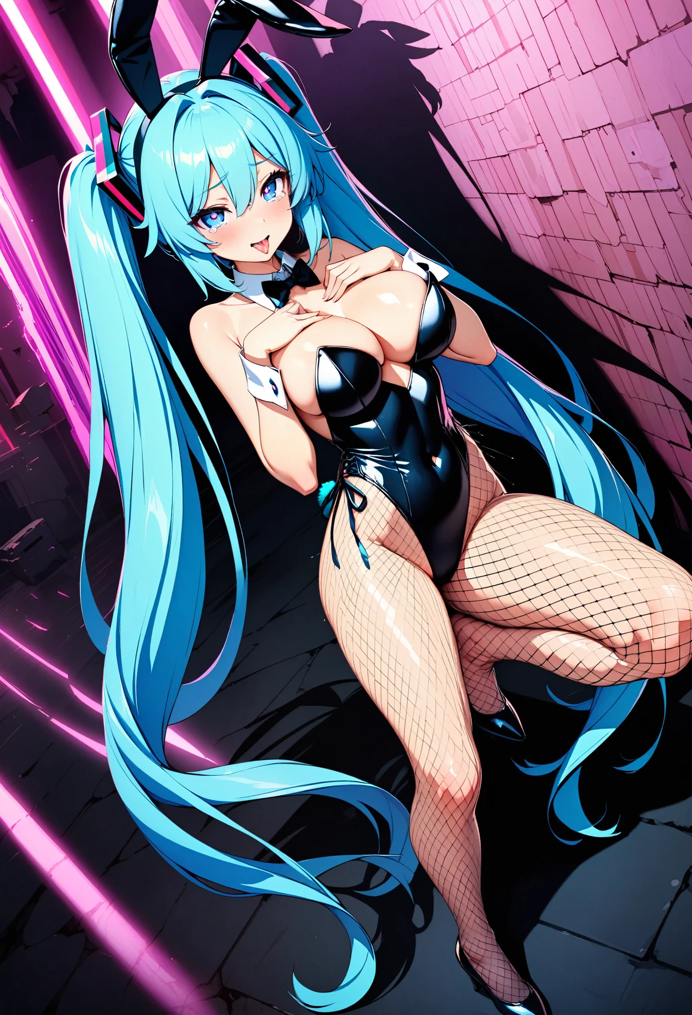 (masterpiece),(Highest quality),(Super detailed),(Best illustrations),(Best Shadow),(Absurd),(Detailed Background),(so beautiful), 16K, 4K, (so beautiful)Hatsune Miku, One person, alone, ((Playboy Bunny, Fishnet tights:1.2, ハイレグ leotard, :1.1, leotard)), (Light blue hair, Twin tails, hair ornament, Asymmetrical bangs, ), Big Breasts, , , , BREAK, , , , , (Oculogyric crisis), , Perfect figure, heart-shaped pupils:1.4, BDSM, , paw pose, Arched back, tongue out, , , orgasm, afterglow, erotic smile, , , Squat, Put your chest close, Sexy posture, , (Breast fetish), , , water eyes, tears, brainwashing, Hypnosis, , , saliva trail, , shiny skin, , , , ahegao, BREAK, , Dramatic lighting, Psychedelic Background, pink light, , night, ruin, , Torrent of Light, mysterious, spoken heart, sexual gesture, oral invitation:1.4