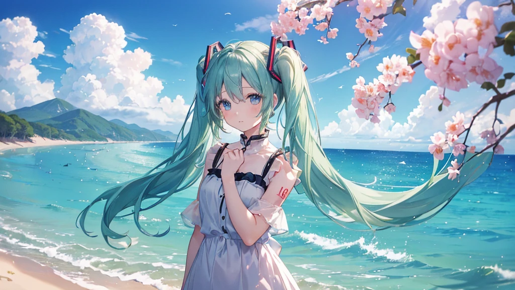 (((Highest quality、masterpiece、Ultra-fine、Ultra-fine、Green Hair,Exquisite、16K、,Full HD、Asahi、Hatsune Miku,))), ((Bun Hair,summer,White casual clothes,)))Blue Eyes、Long eyelashes、White skin、(Pale pink lips、Pale pink cheeks、thin and long)、 (((cute,)), ((One person)) 、(blue sky)) 、 (Feel the sound of the waves at the shoreline and enjoy a moment surrounded by nature)、