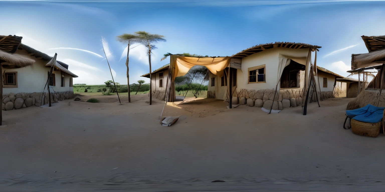 safari camp, africa, tents, jeeps, savannah, high resolution and detail, realistic, 360 panorama